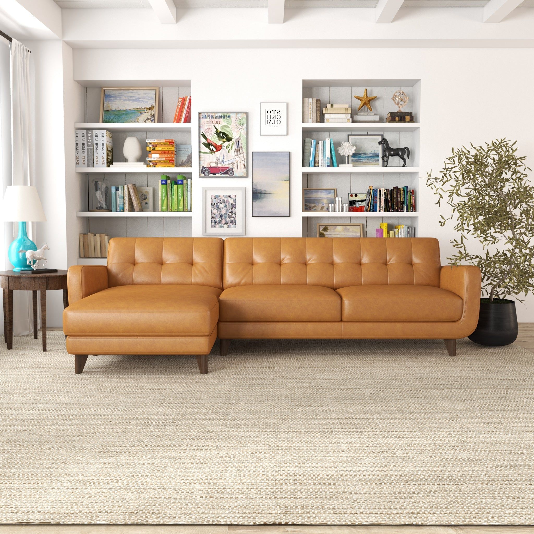 Allison - Mid-Century Modern Leather Sectional Sofa Chaise