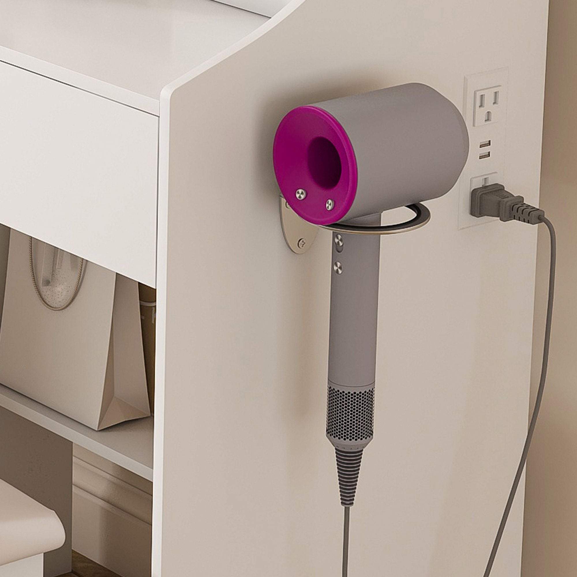 3 Color LED Vanity Mirror With Stool, 2 Drawers & 5 Storage Cabinets, Adjustable Lighting - White