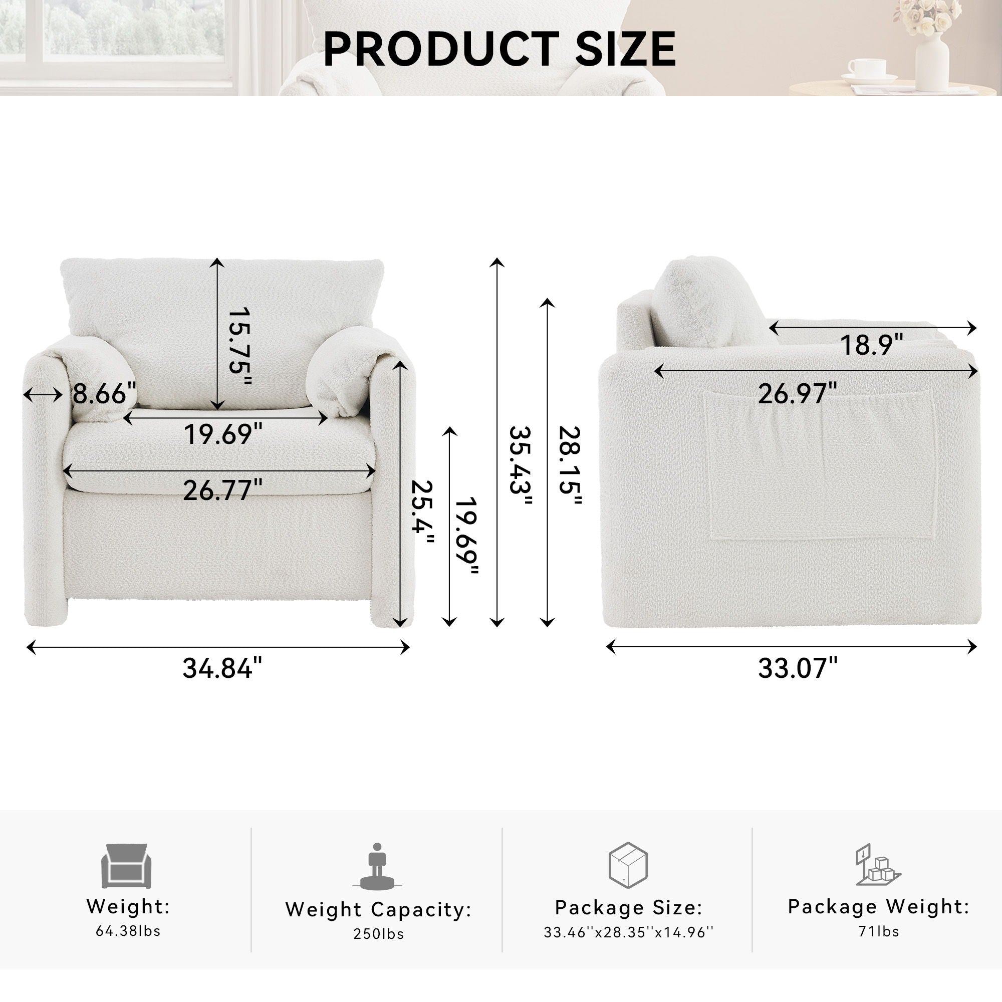 Fixed Modern Accent Chair Single Seater Plush Chenille Lounge Chair With High Resilience Cushion - Ivory White