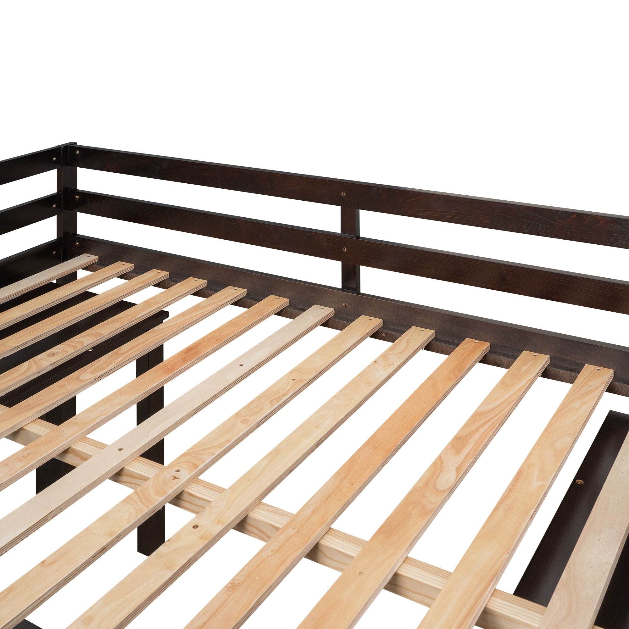 Loft Low Study Bed With Cabinet, Shelves And Rolling Portable Desk, Multiple Functions