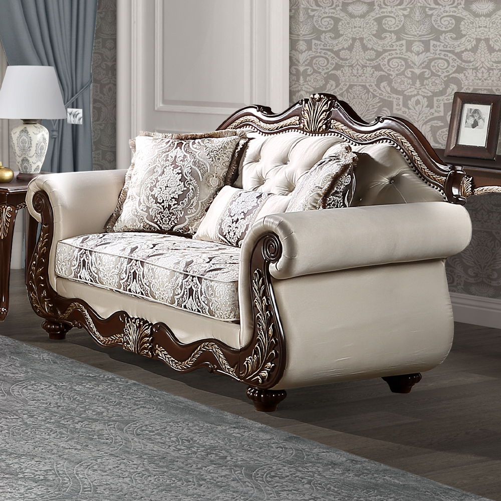 ACME Pierce - Loveseat With 3 Pillows - Beige Fabric & Cherry Finish | Meri Furniture
