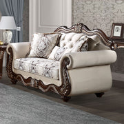 ACME Pierce - Loveseat With 3 Pillows - Beige Fabric & Cherry Finish | Meri Furniture