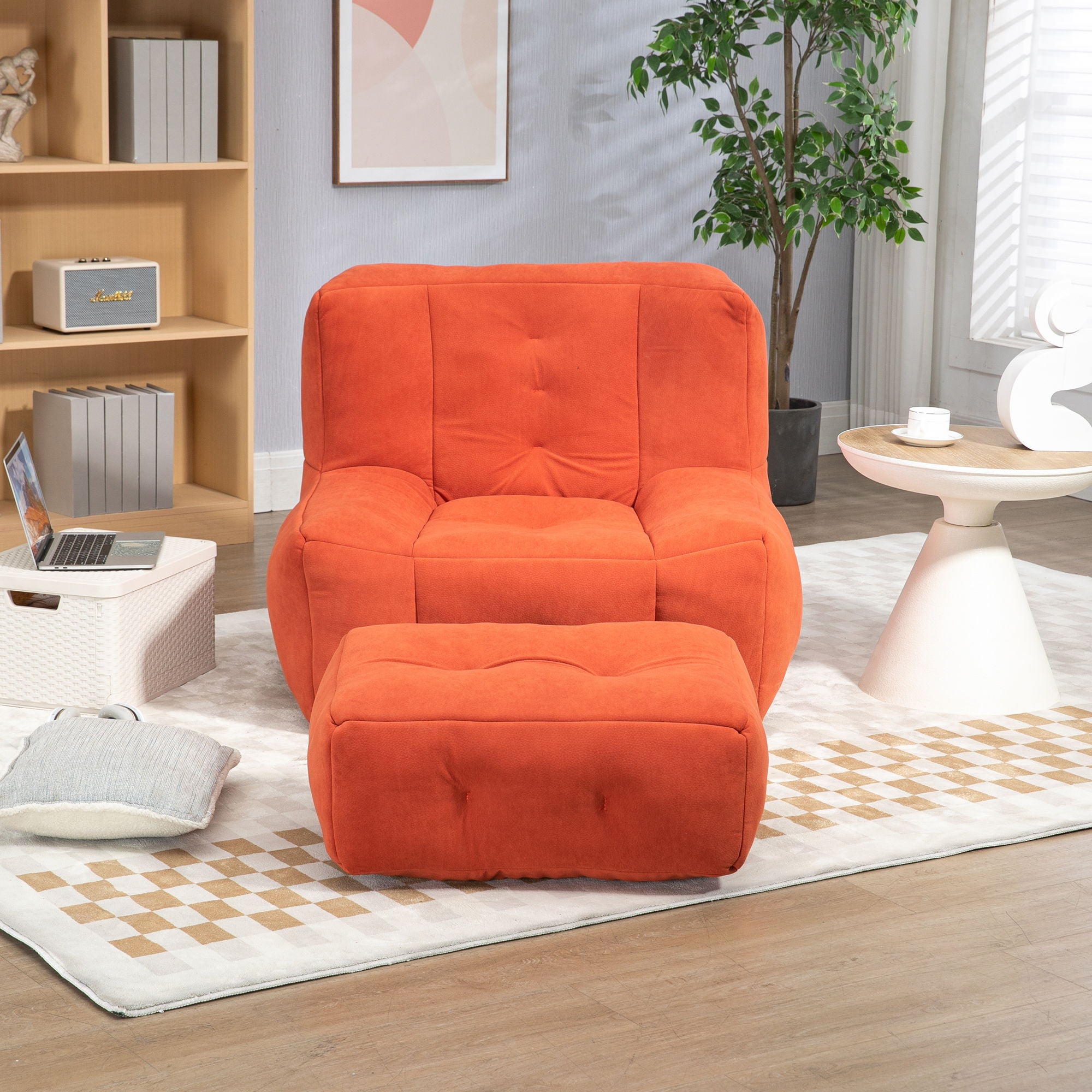 Modern Indoor Fluffy Bean Bag Chair With Memory Foam And Ottoman, Super Soft