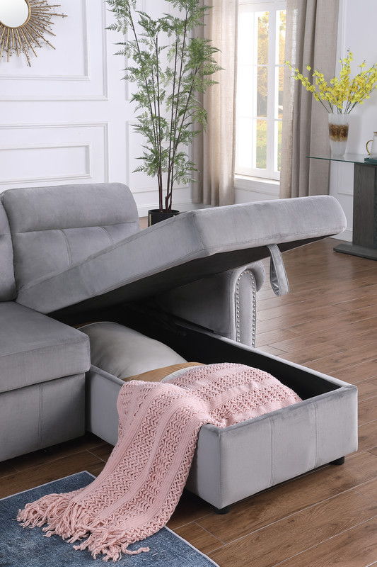 Ashton 96.5"W Gray Velvet Fabric Reversible Sleeper Sectional Sofa Chaise