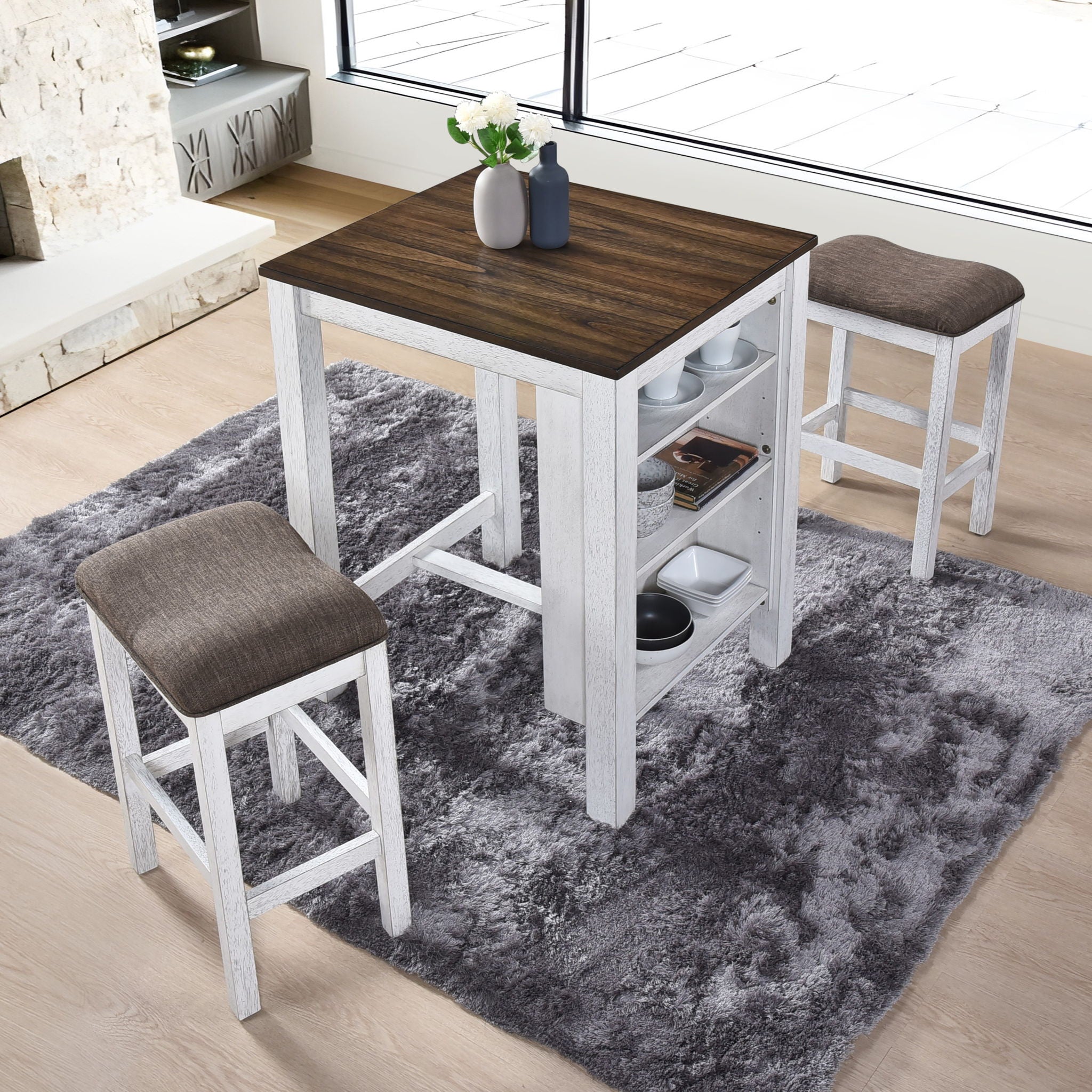 3 Pieces Counter Set Storage Space For Small Space Modern Farmhouse Design Retro Design Easy To Assembly - Antique Dark Oak / Antique White