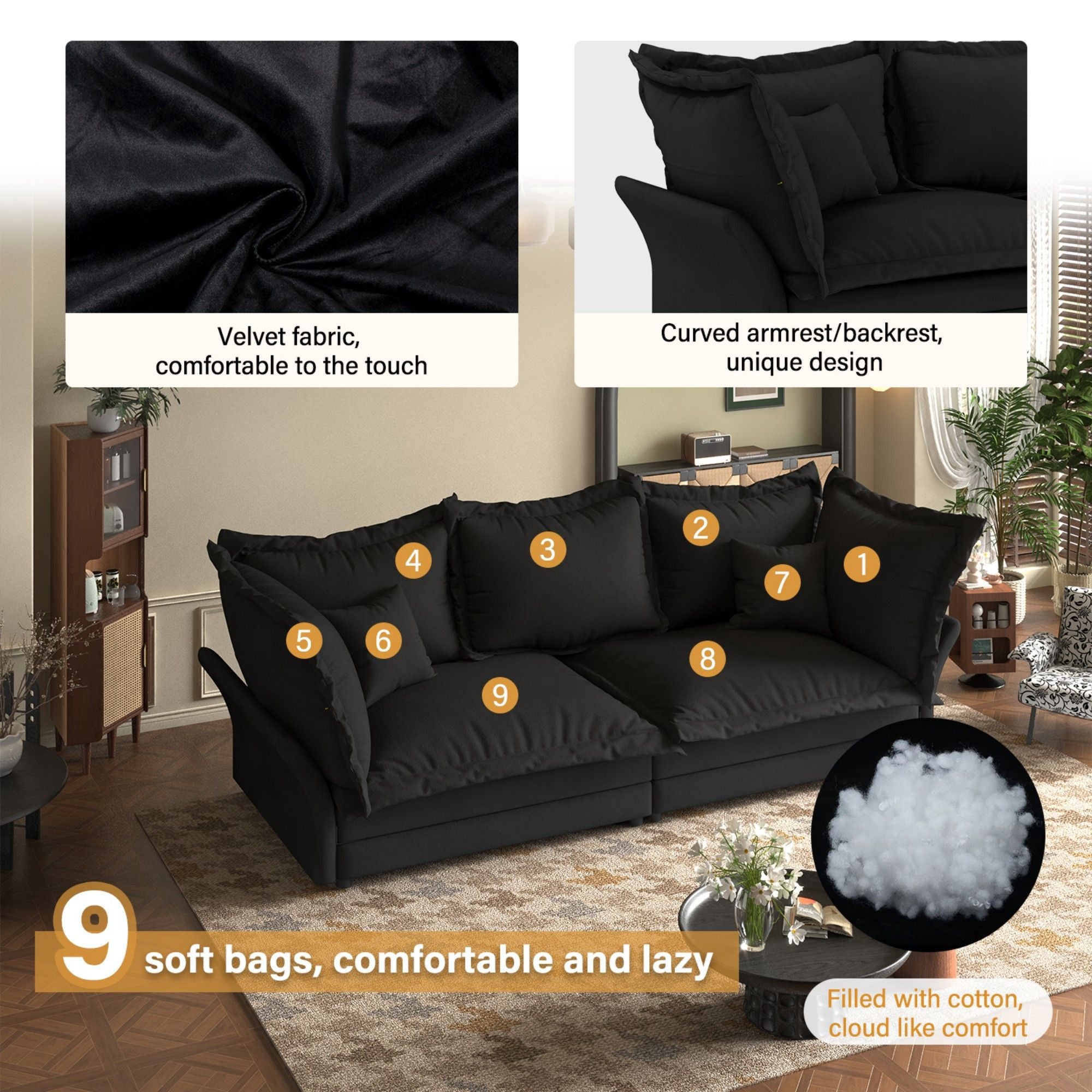 Modern Comfy Upholstered Sofa Cloud Couch, Deep Seat Couches With Multiple Large Soft Pillows