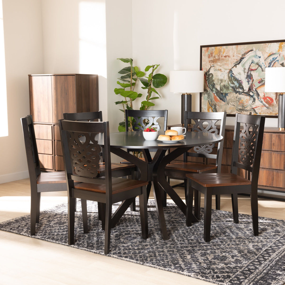 Liese Modern and Contemporary Transitional Two-Tone Dark Brown and Walnut Brown Finished Wood 7-Piece Dining Set