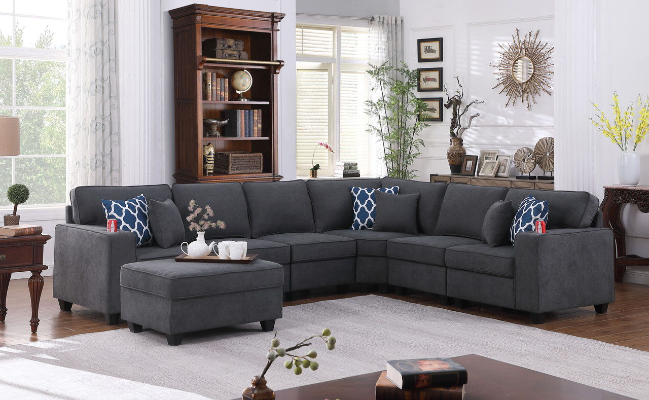 Cooper 125"W Stone Gray Woven Fabric 7Pc Reversible L-Shape Sectional Sofa with Ottoman and Cupholder