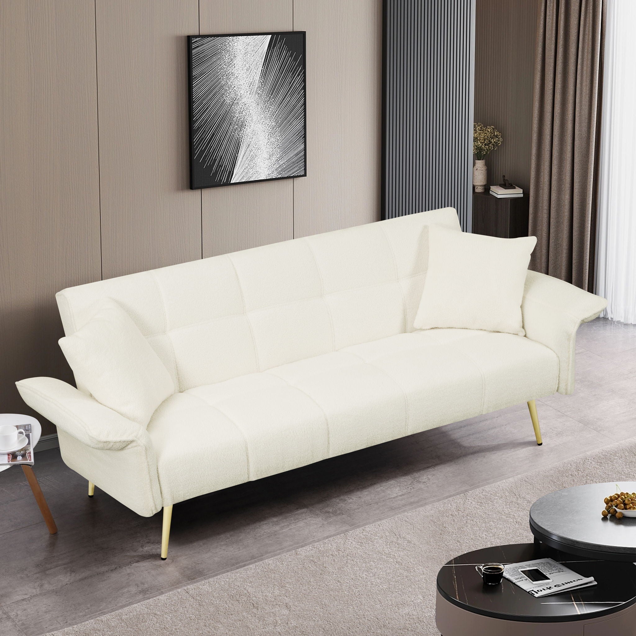 Convertible Double Futon Sofa Bed With Folding Armrests For Living Rooms