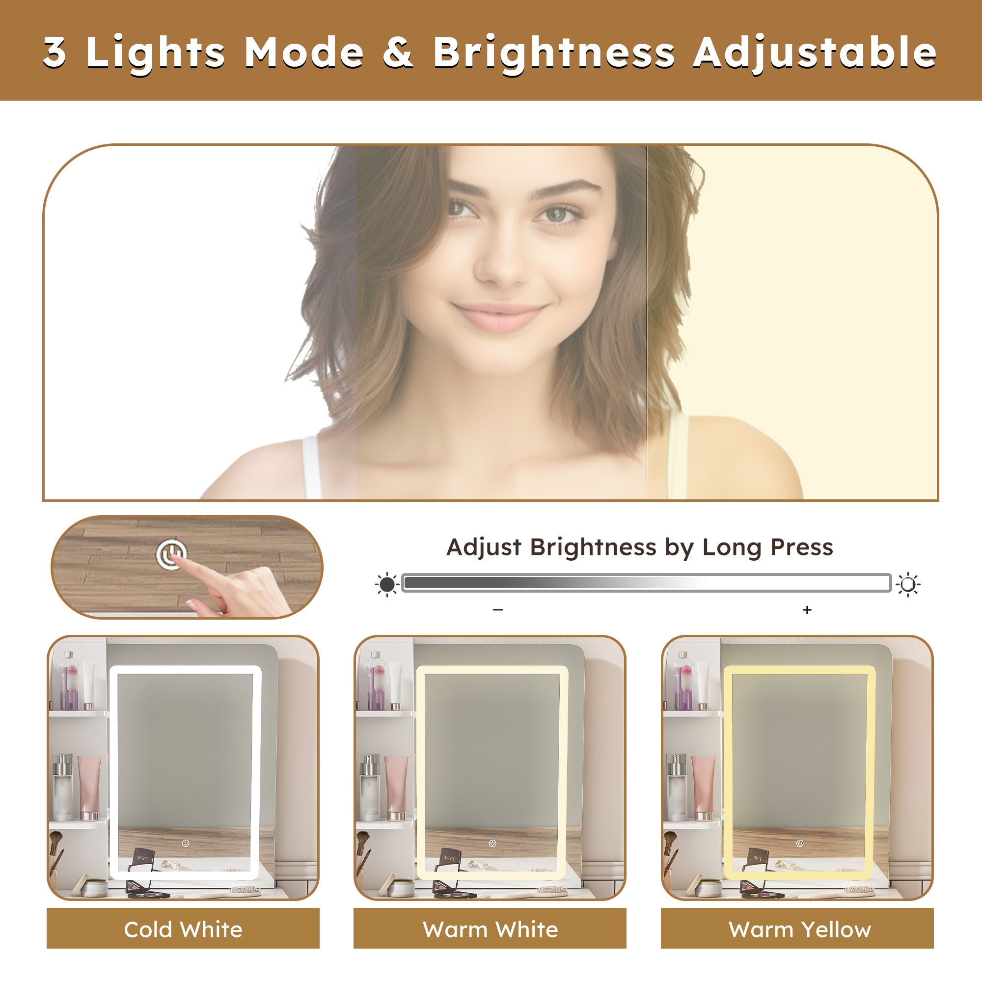 Dressing Table With Movable Mirror And LED Light, 5 Drawer Storage Organizer - White