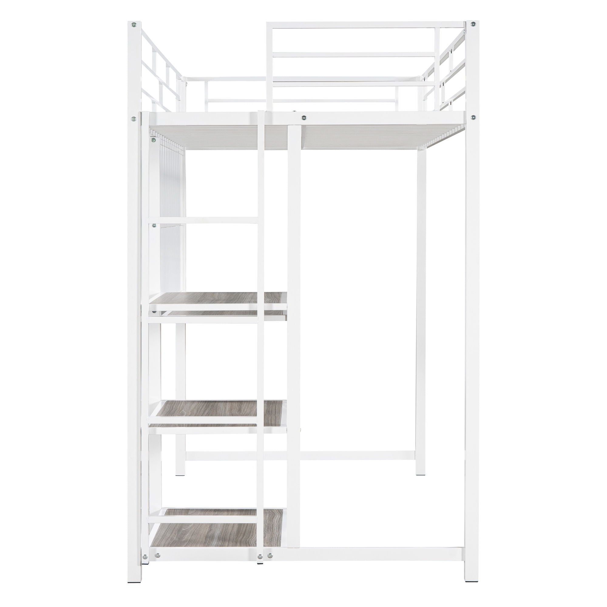 Metal Loft Bed With Desk, 3 Shelves And Ladder