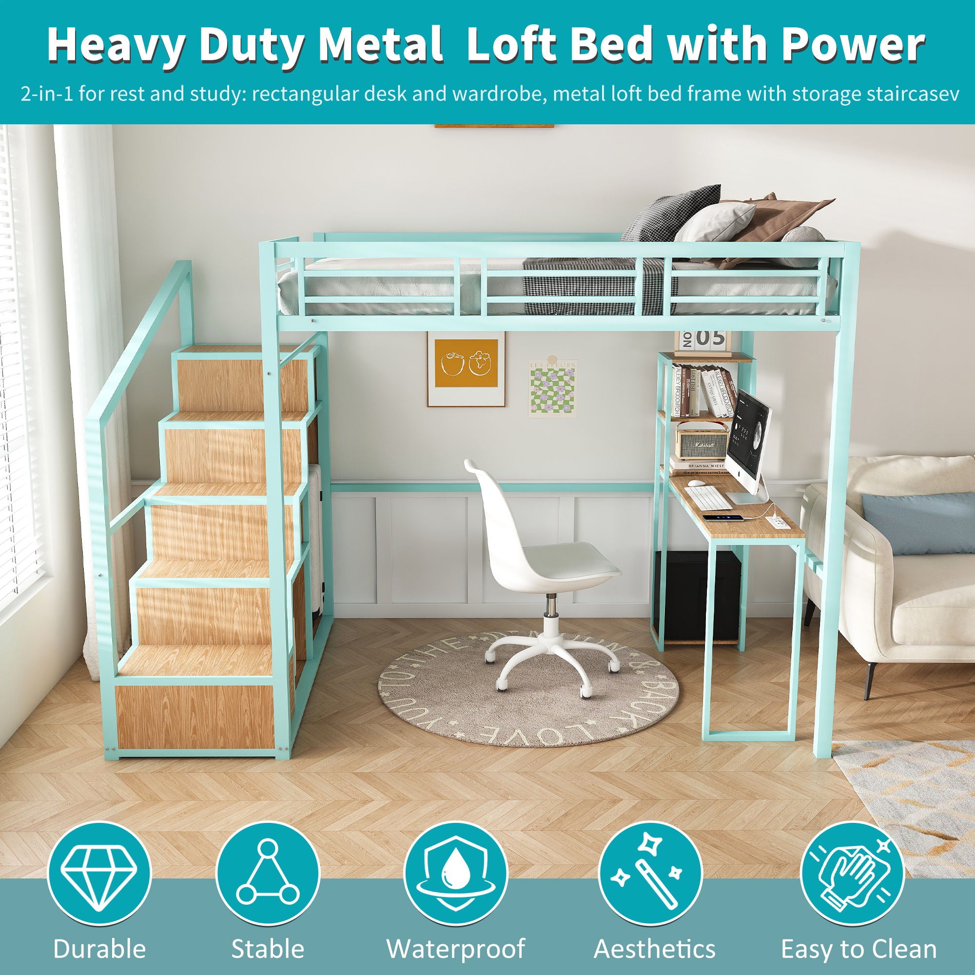 Heavy Metal Frame Full Loft Bed With Desk & Storage, 4 Cabinets, Staircase, Rack Space Saver - Green