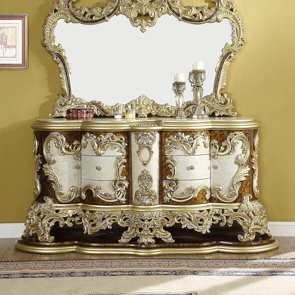 ACME Desiderius - Dresser - Antique Gold & Hand Painted Brown | Meri Furniture
