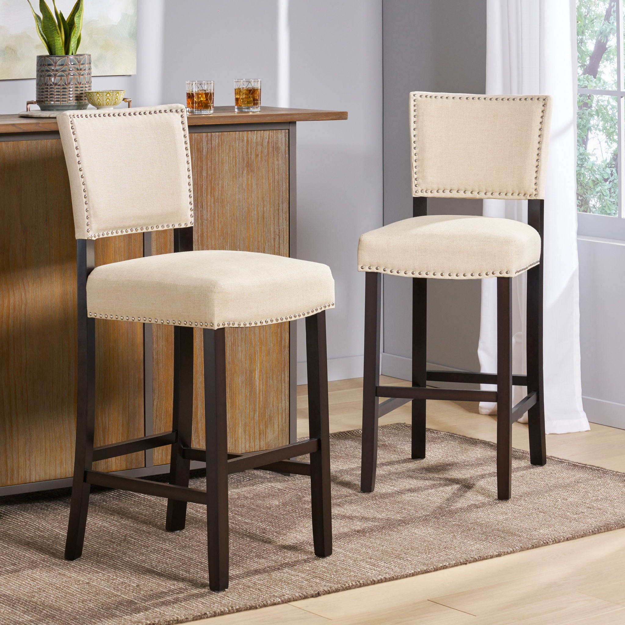 Barstools With Rivet Decoration (Set of 2), Wood Frame, Bar Chairs For Kitchen Island - Beige