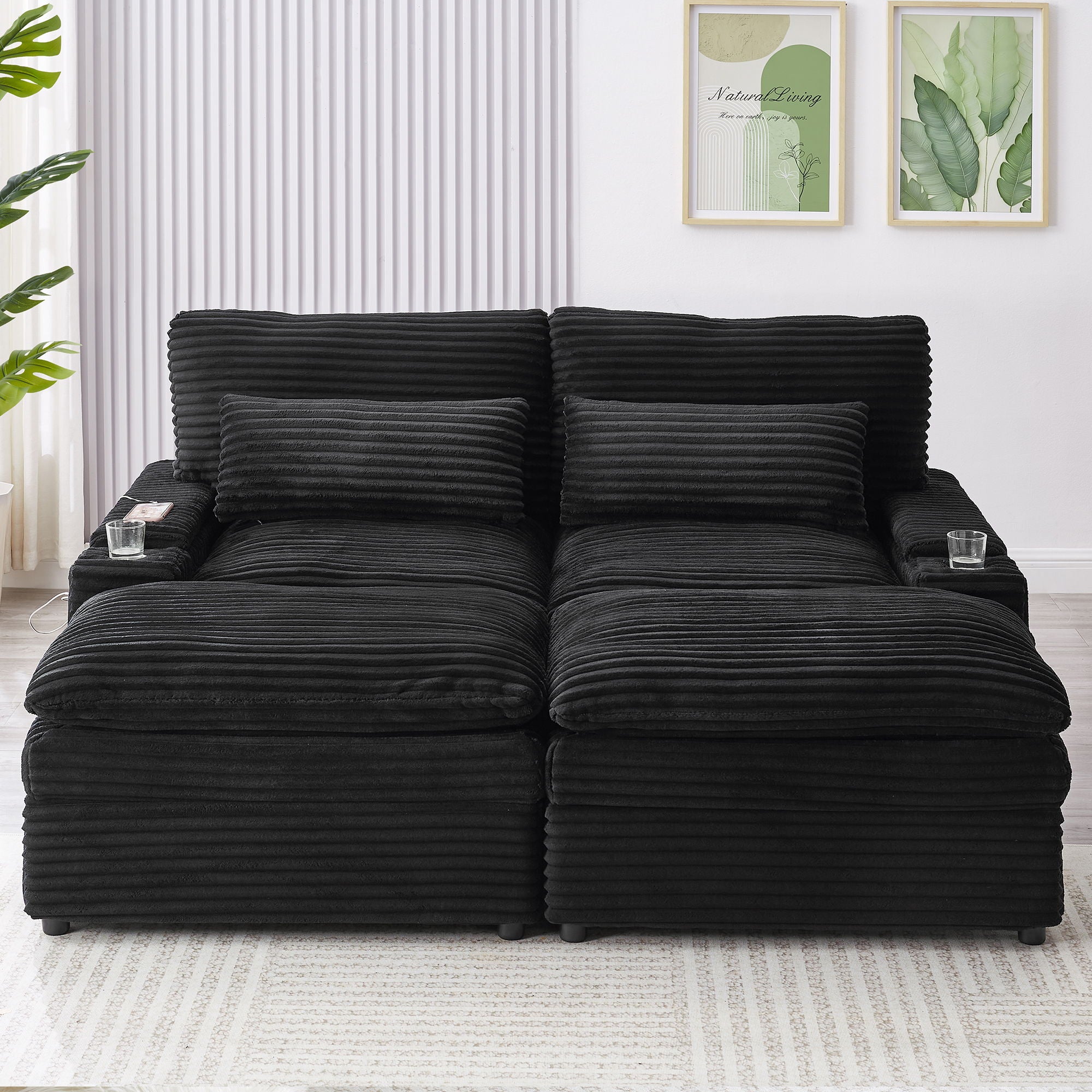 Convertible Loveseat Sofa With Storage, USB Ports, Cup Holders - Black