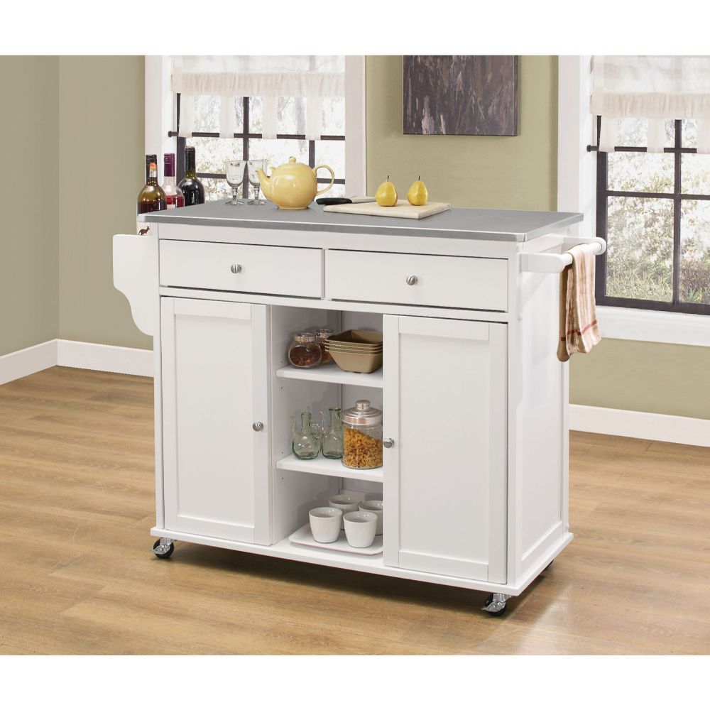 ACME Add storage space and charm to your kitchen with this Tullarick wheeled kitchen island. The stylish finish and natural wood top along with silver handles and pulls make this cart an adorable addition to cottage, contemporary or beach decor schemes. |