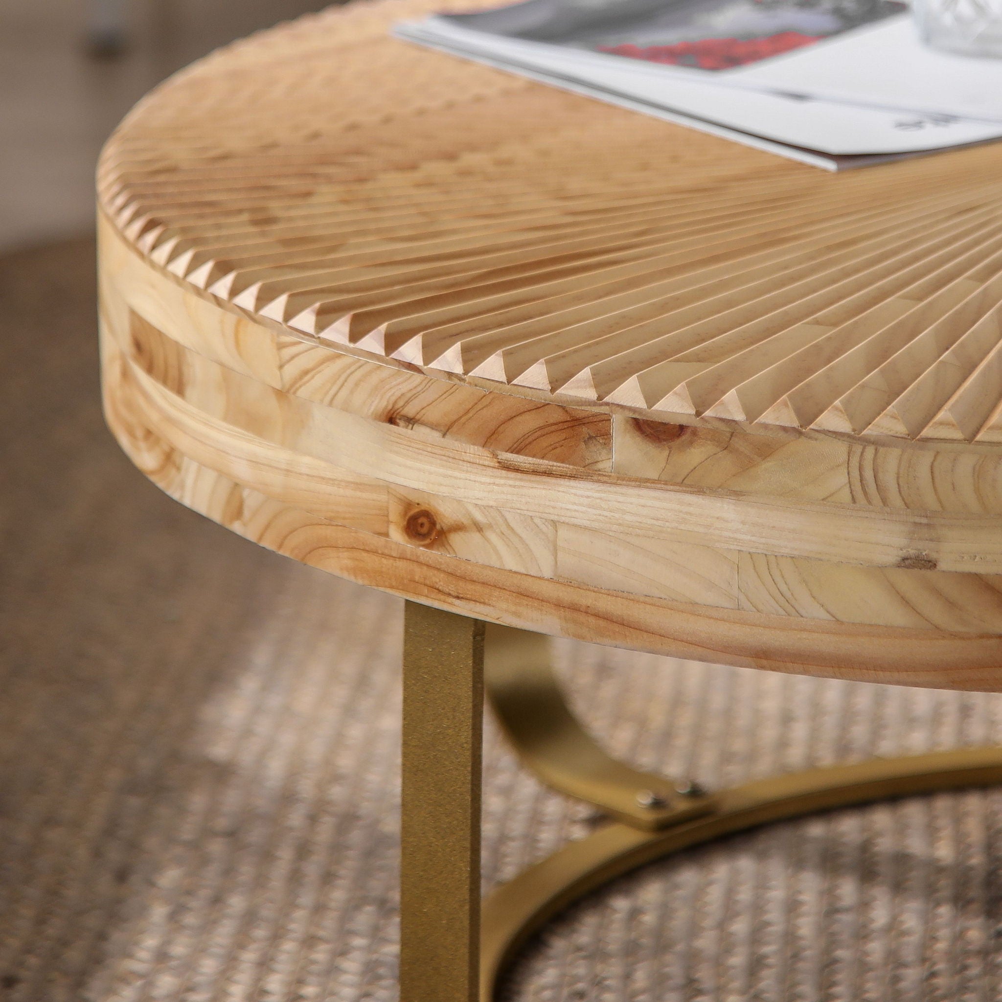 Modern Round Coffee Table With Wooden Carving Pattern