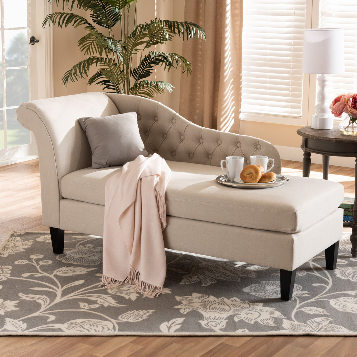 Florent Modern and Contemporary Beige Fabric Upholstered Black Finished Chaise Lounge