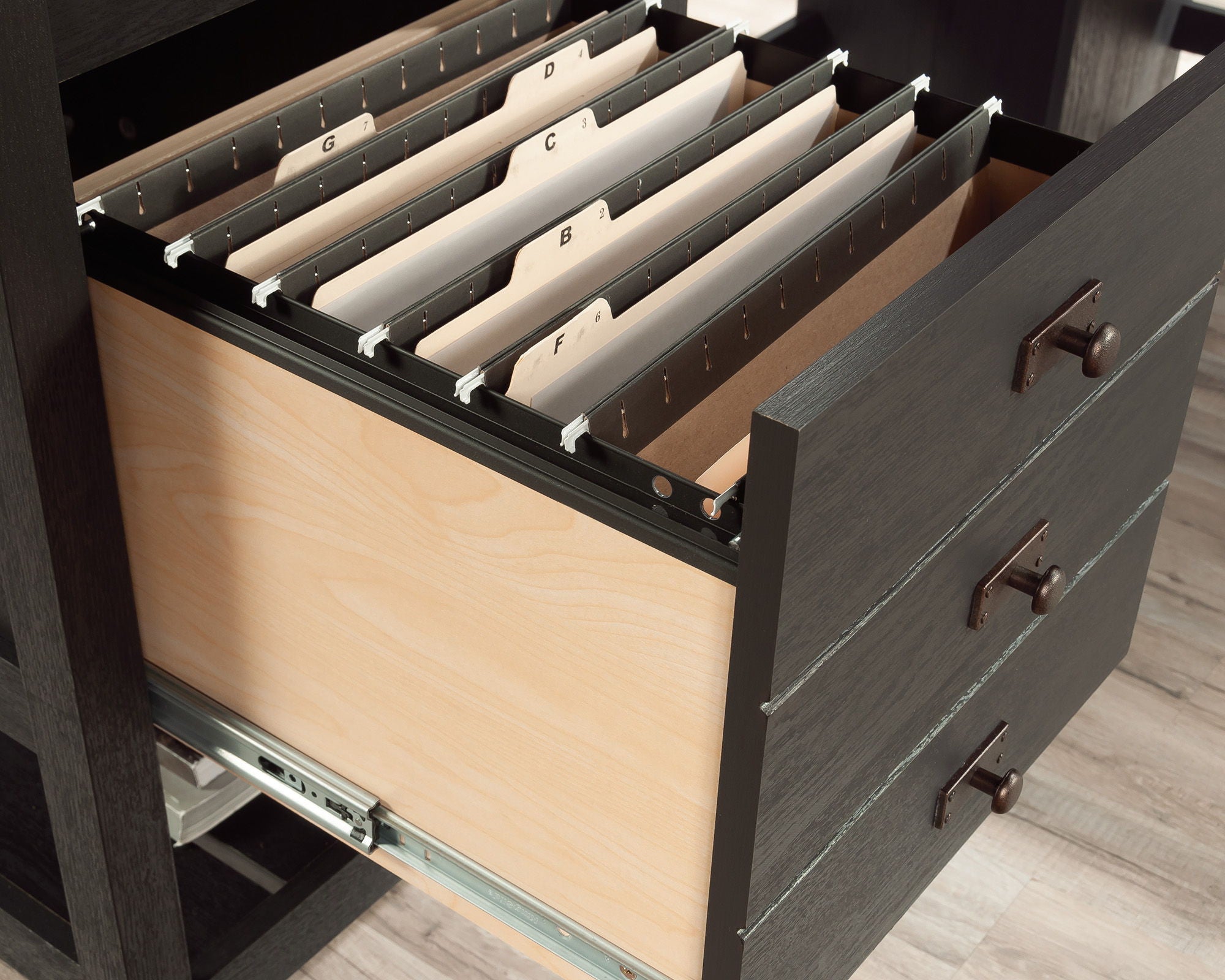 L-Shaped Desk with Drawers in Raven Oak