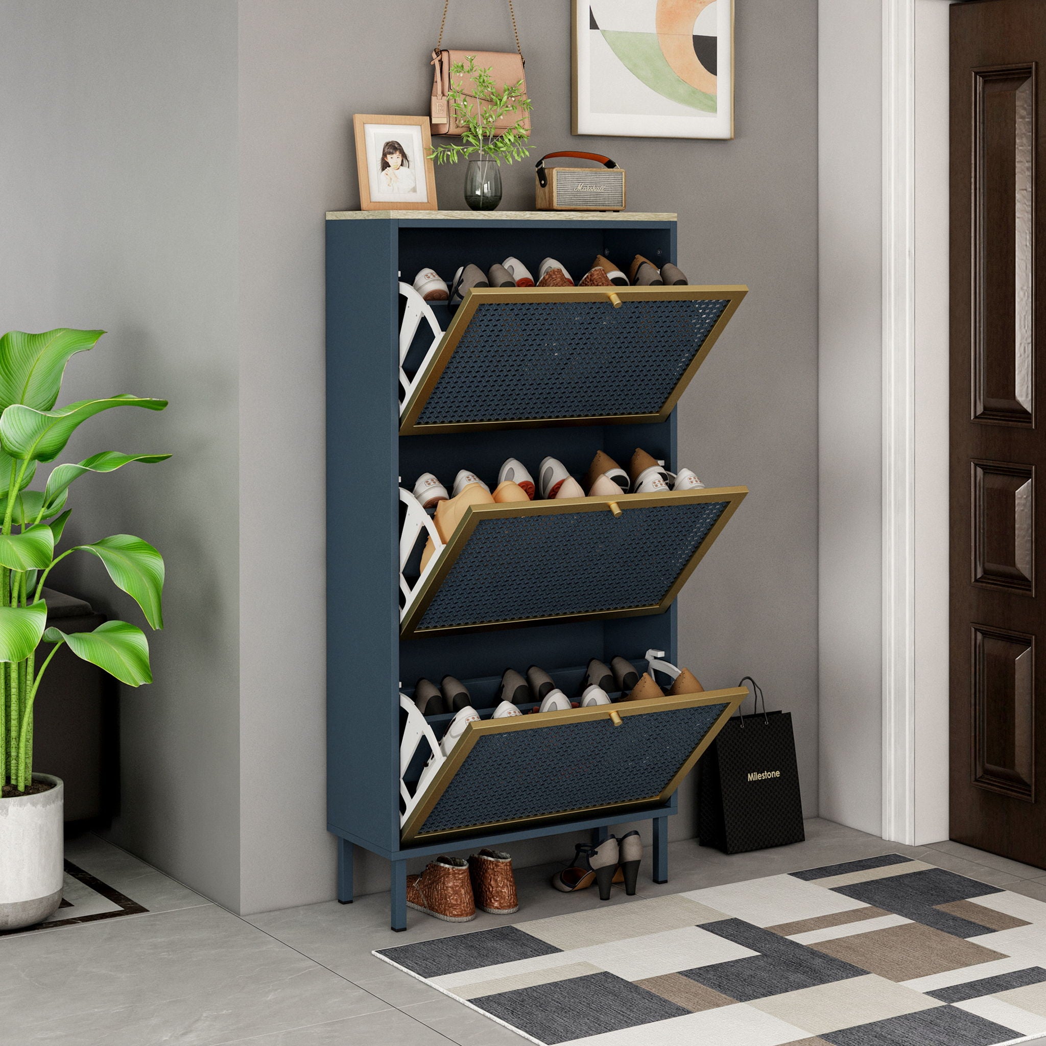 Modern Rattan 3 Door Shoe Rack Cabinet For Entryway