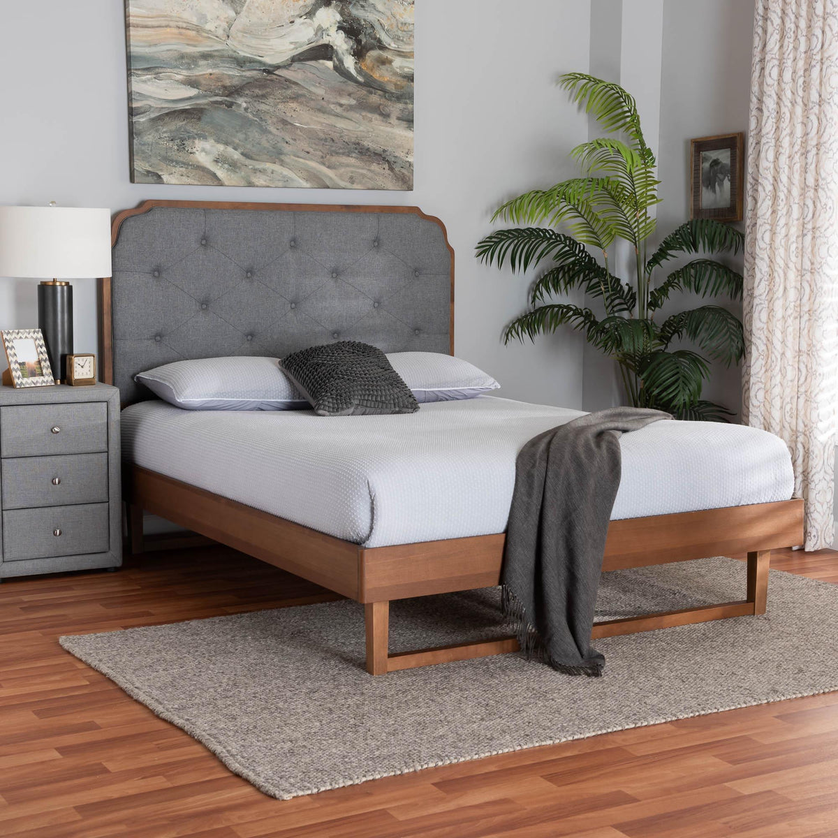 Roald Mid-Century Modern Grey Fabric and Walnut Brown Wood King Size Platform Bed