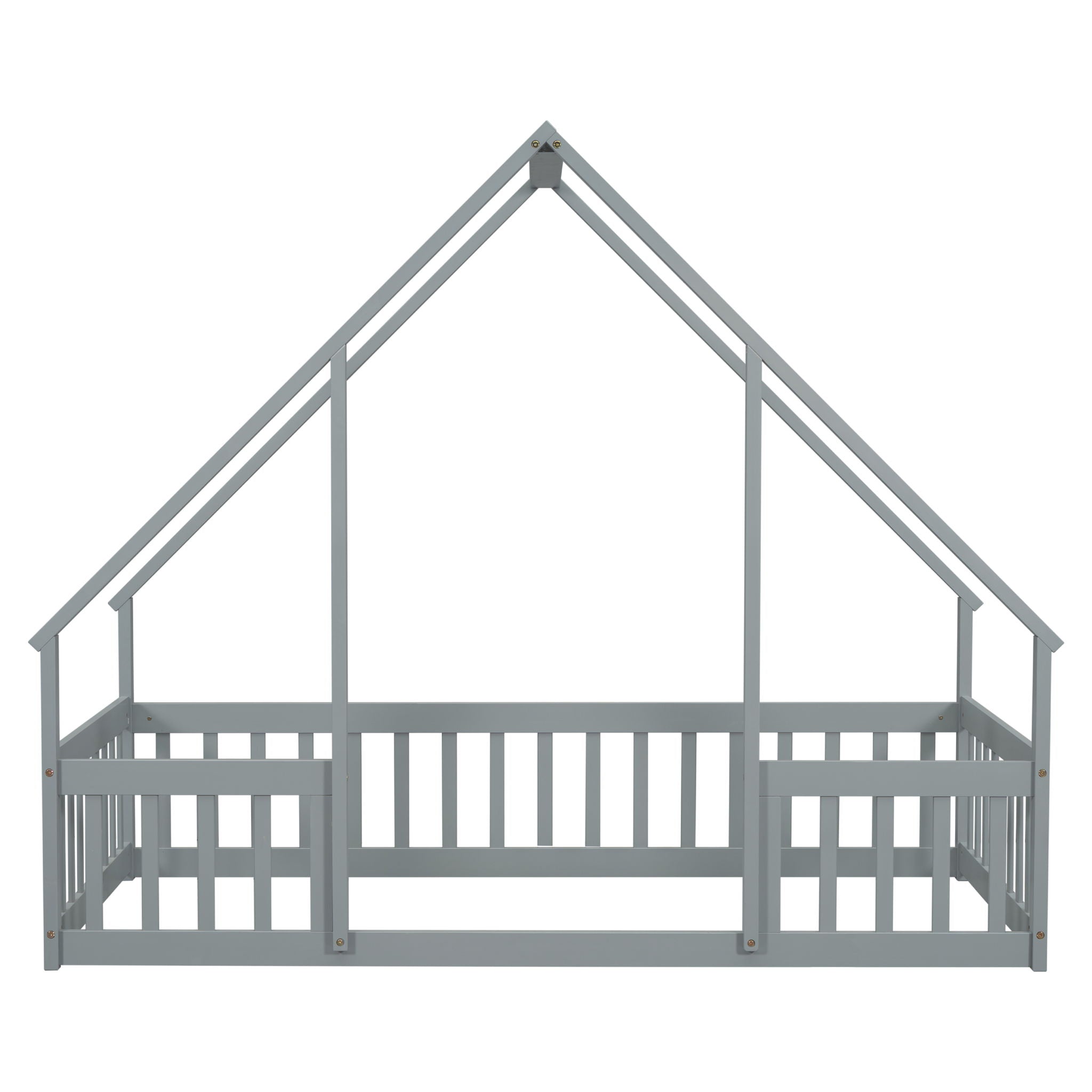Wood House-Shaped Floor Bed With Fence, Guardrails