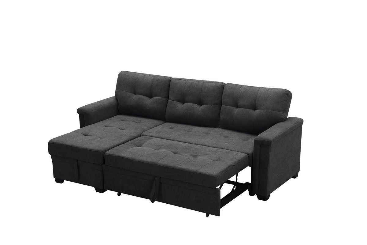 Ashlyn 84"W Dark Gray Woven Fabric Sleeper Sectional Sofa Chaise with USB Charger and Tablet Pocket