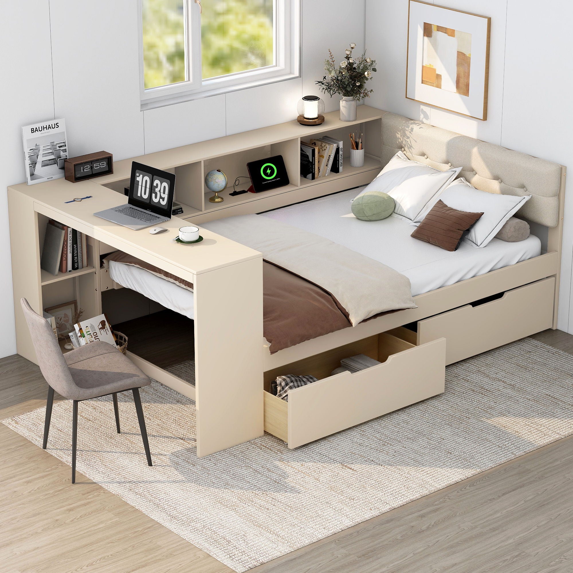 Upholstered Headboard Platform Bed With Storage Shelves, Drawers, Charging Station
