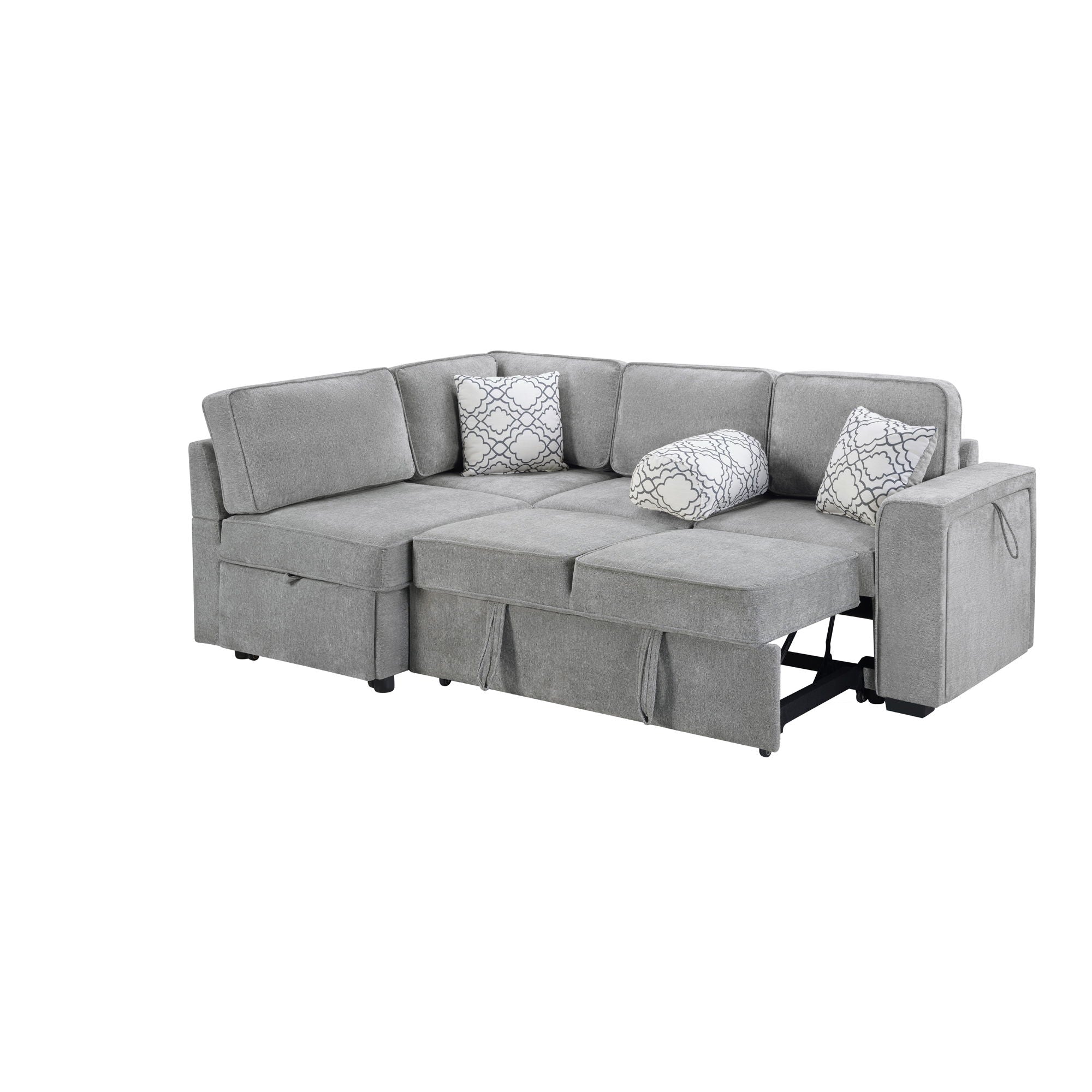 Convertible Sectional L-Shaped Sofa With Dual Pull-Out Sleepers, Flip-Top Table, USB Ports, Cup Holder & Storage