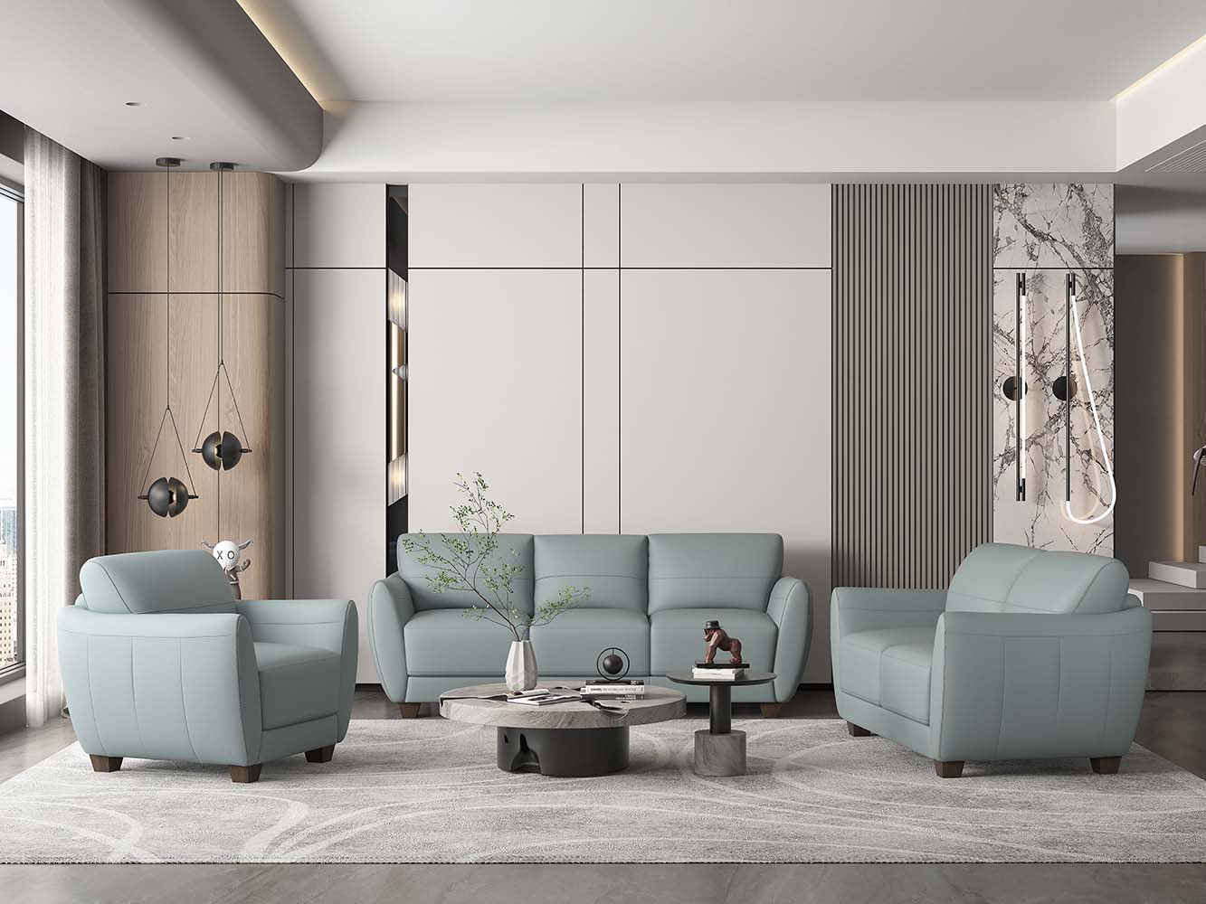 ACME The Valeria sofa set is one you’ll want to spend lots of time in. This beautiful leather sofa features same tone stitching and unique wood block legs. | Meri Furniture
