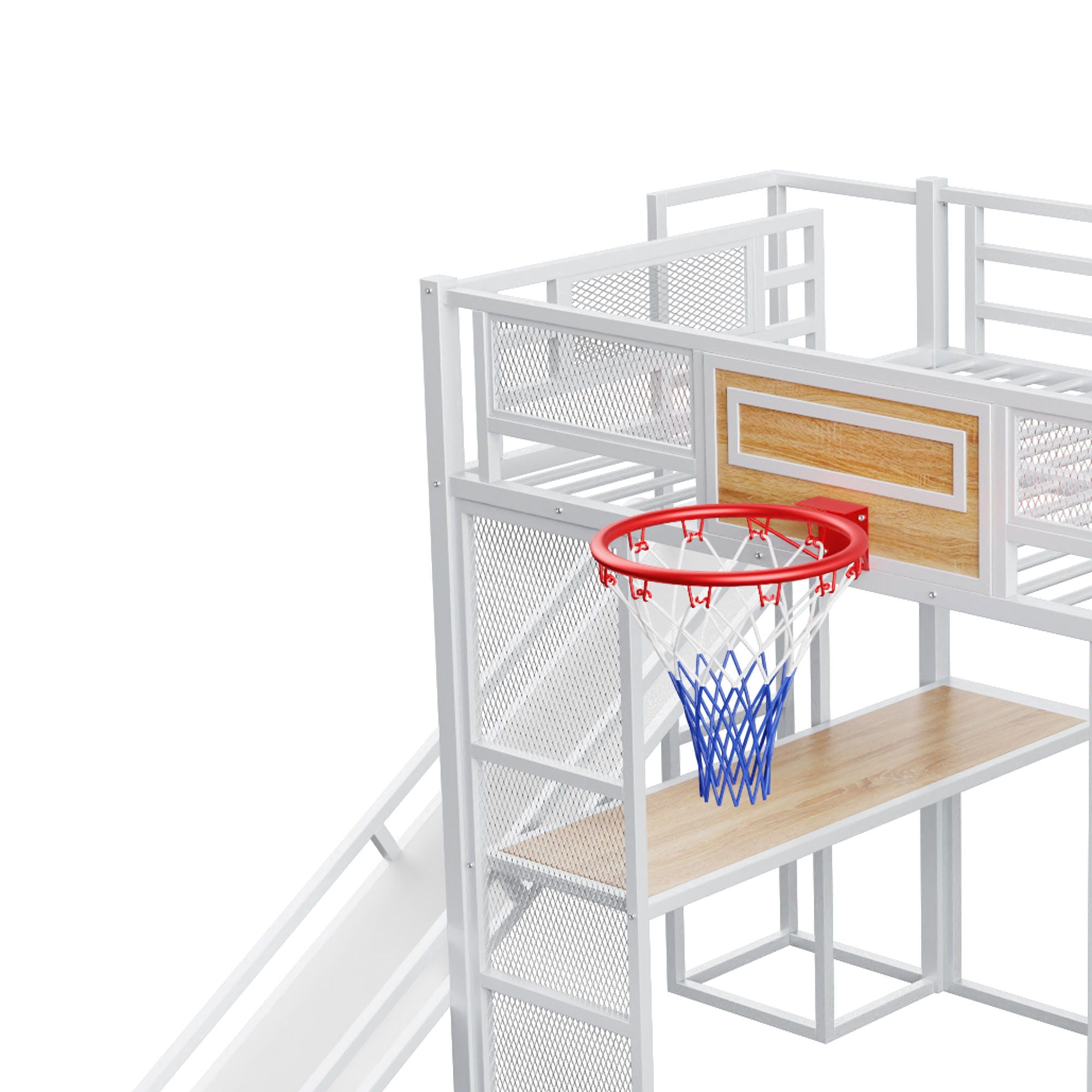 Loft Bed With Built In Desk, Open Wardrobe, Basketball Hoop, Slide And Staircase