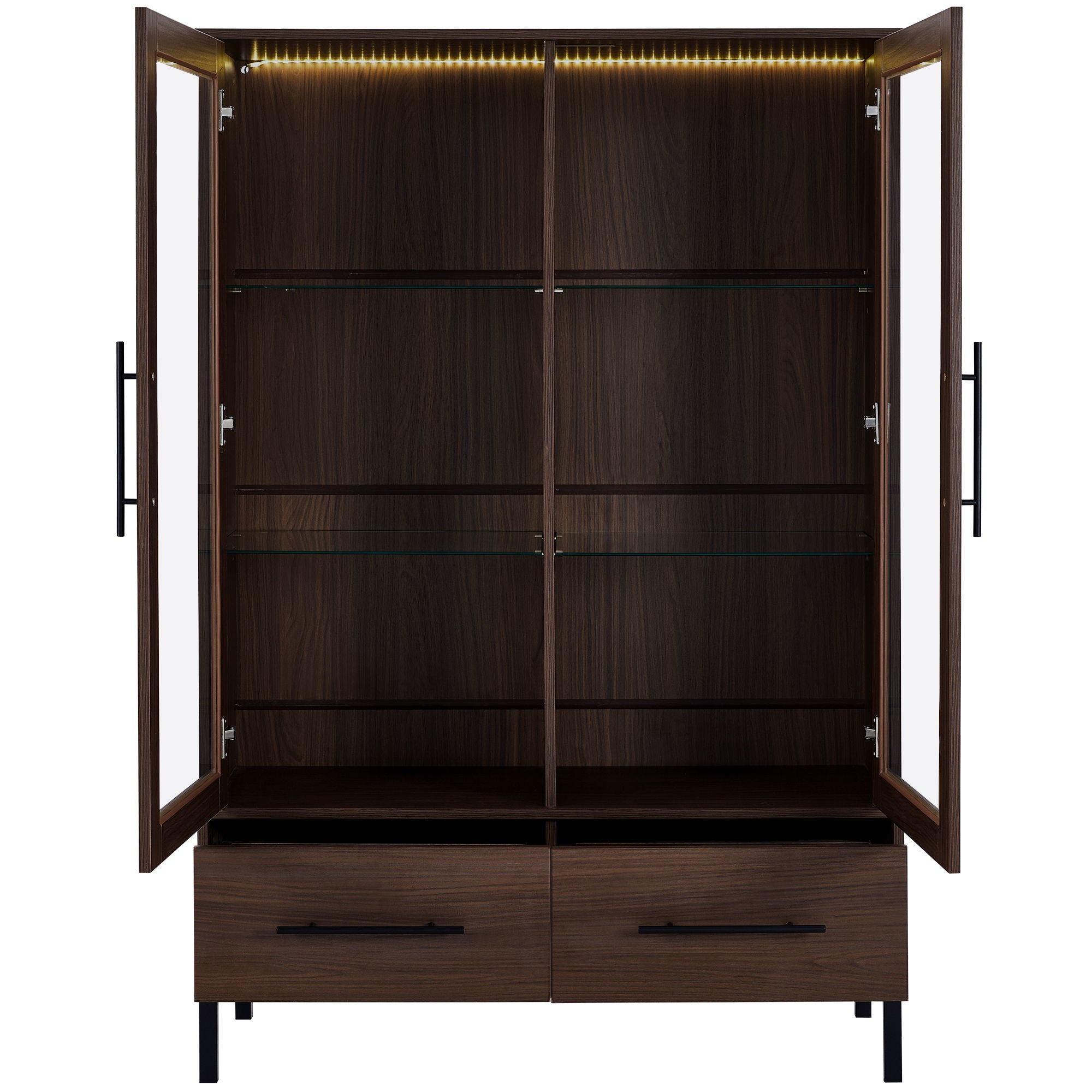 Modern Style Tall Display Cabinet With LED Lighting, Tempered Glass Door, 2 Drawers