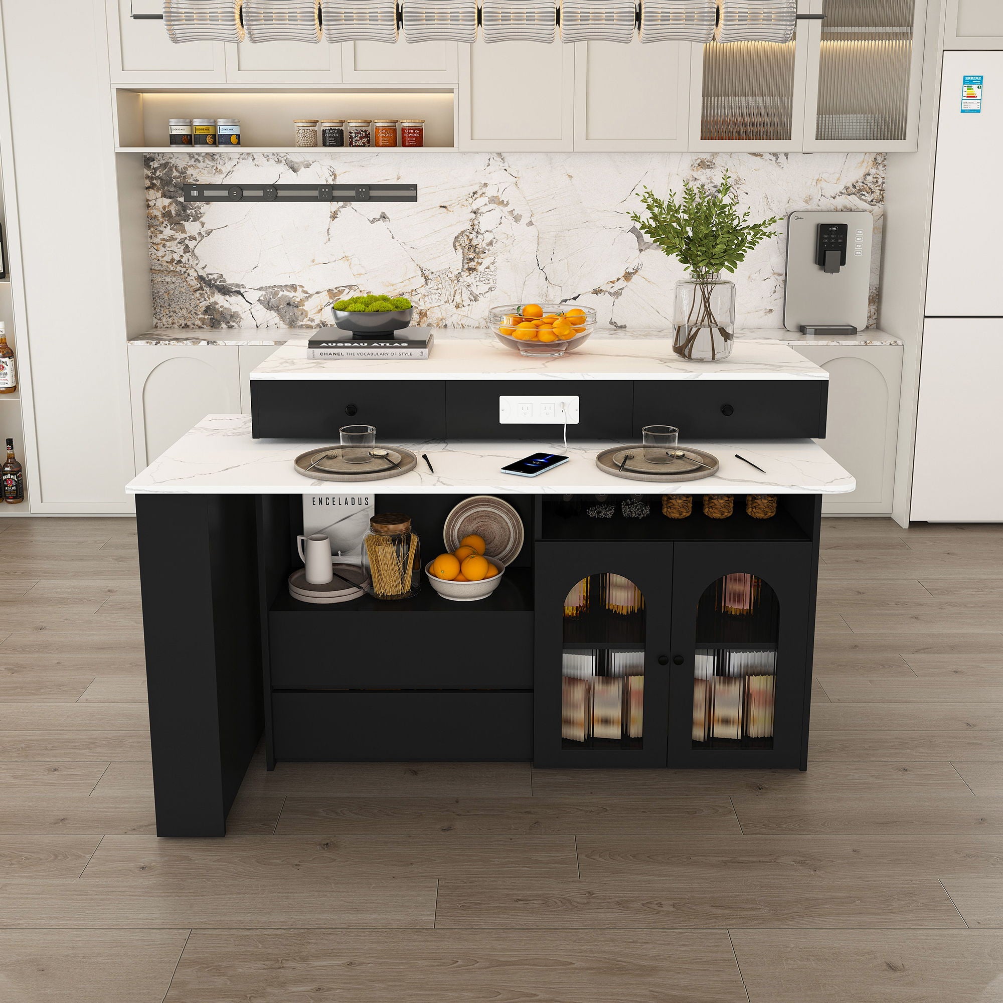 Kitchen Island With Extendable Rotating Table, 4 Drawers & Glass Door Cabinets, Built In Socket - Black
