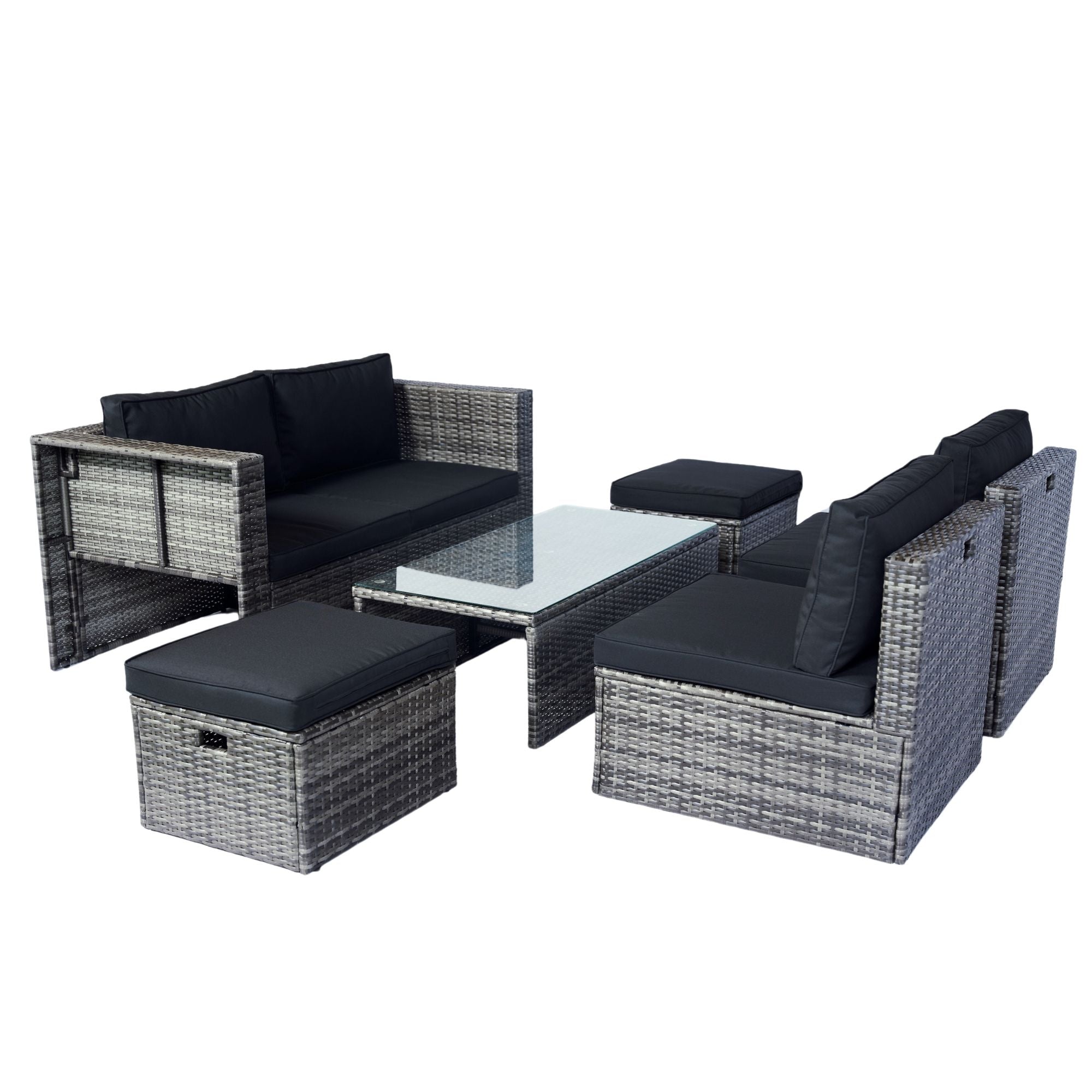 6 Piece Patio Wicker Sectional Set Patio Backyard Conversation Set Space Saving - Gray / Black