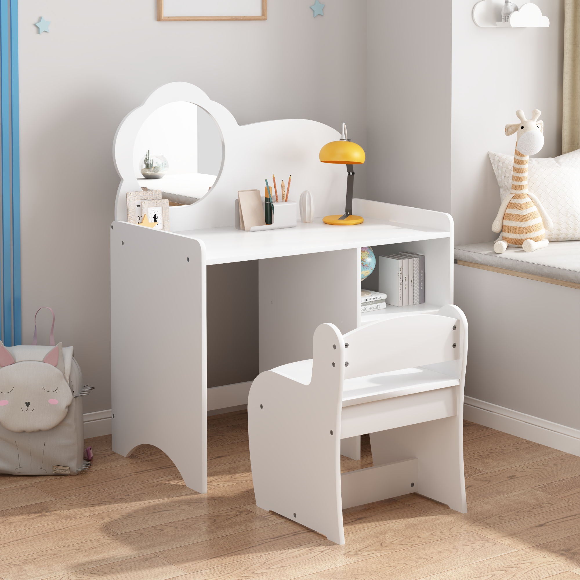Kids Vanity Table With Mirror And Chair, Dressing Makeup Desk With Storage Shelves - White