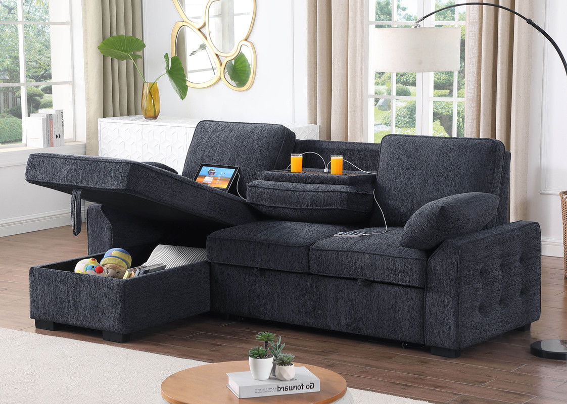 Mackenzie 91"W Charcoal Chenille Fabric Reversible Sleeper Sectional with Storage Chaise, Drop-Down Table, Cup Holders and Charging Ports