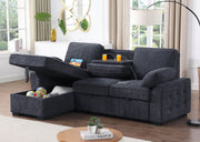 Mackenzie 91"W Charcoal Chenille Fabric Reversible Sleeper Sectional with Storage Chaise, Drop-Down Table, Cup Holders and Charging Ports