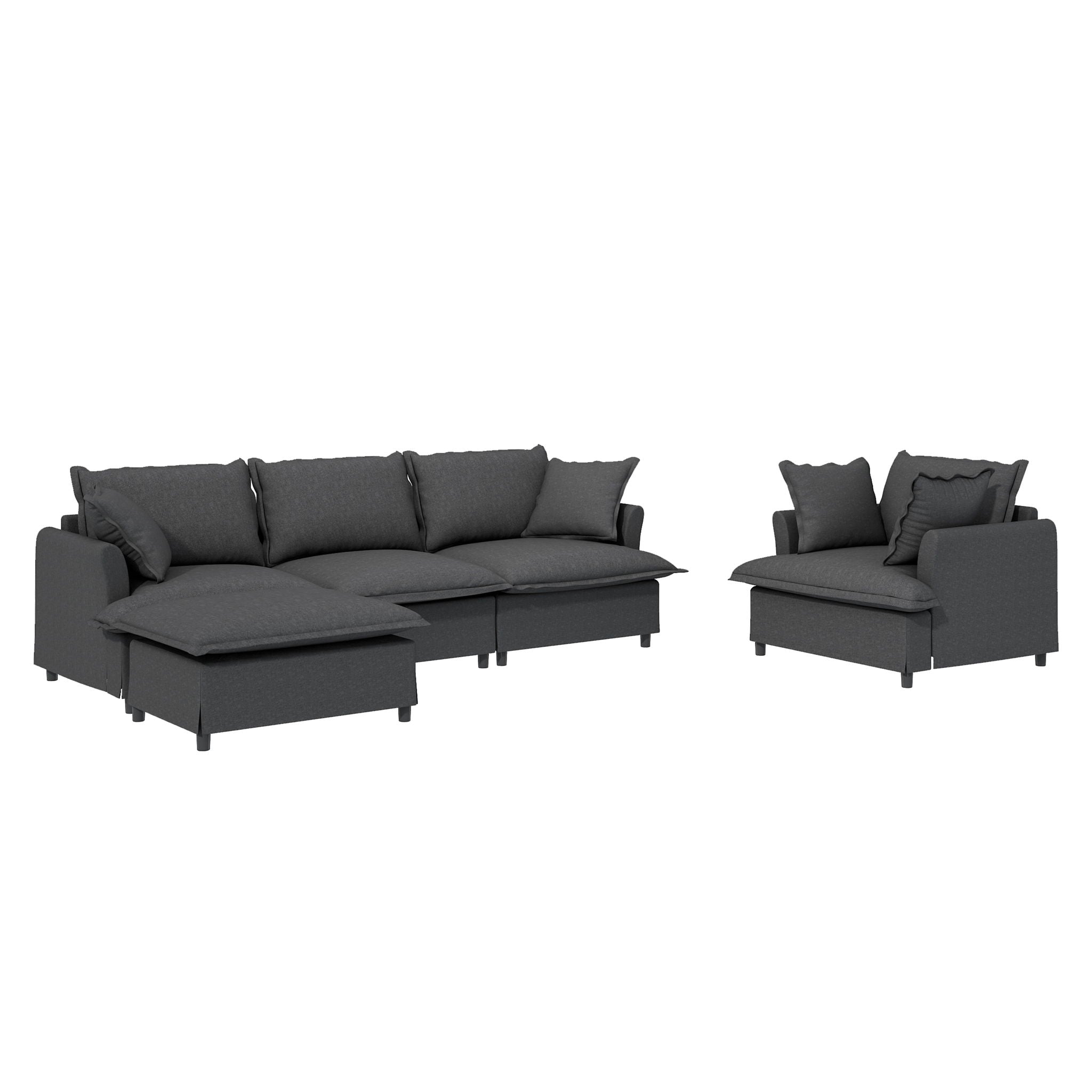 Living Room Set Modular Sectional Couch, Upholstered Sofa & Armchair & Movable Ottoman