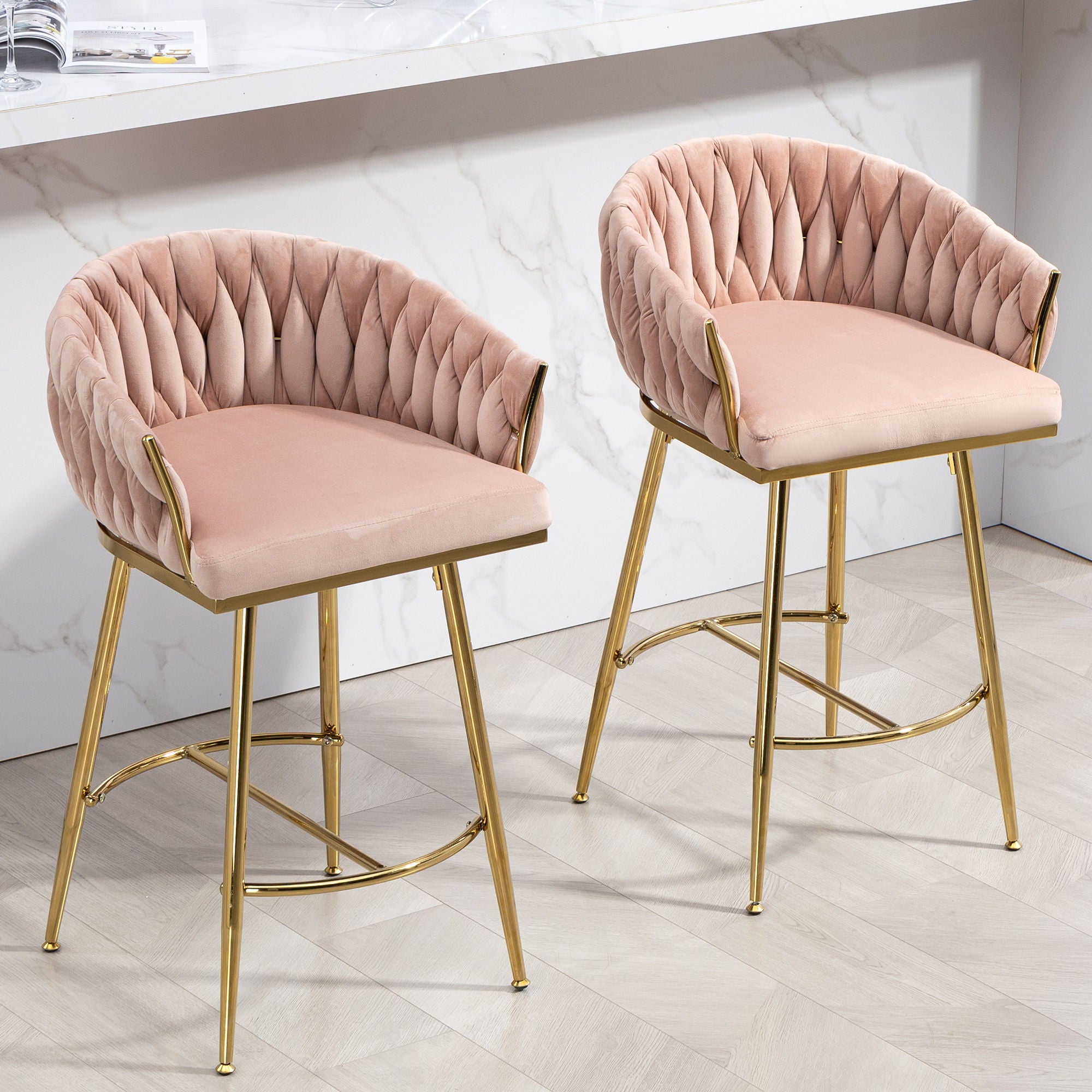 Counter Height Bar Stools Kitchen Island Counter Bar Stool With Hand - Wave Back, Golden Chromed Base And Footrest (Set of 2) - Pink