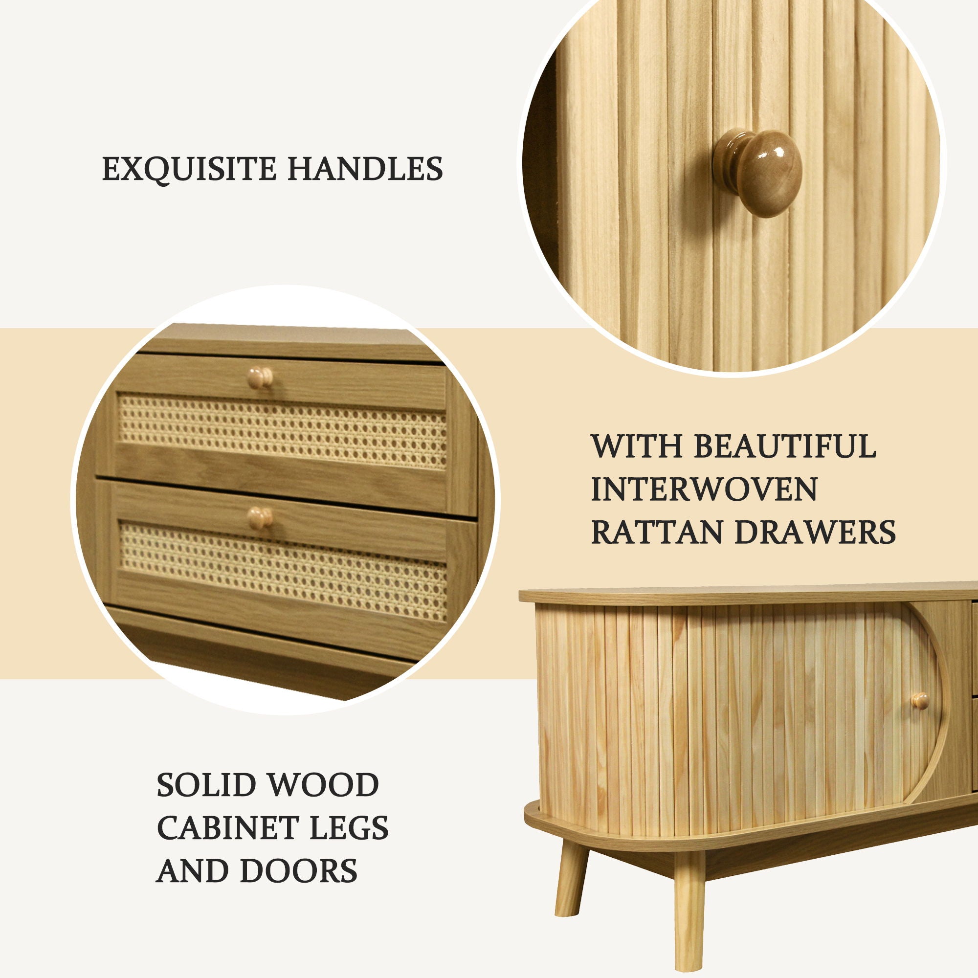 Rattan TV Stand For Tvs Up To 75'', Modern Farmhouse Media Console, Entertainment Center With Legs, TV Cabinet For Living Room, Home Theatre - Natural Wood