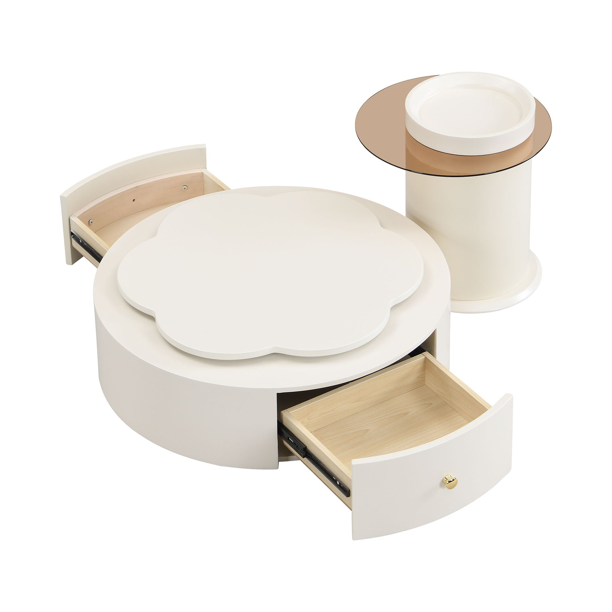 Modern Round Coffee Table (Set of 2), 360 Degree Rotatable Flower Shaped Top With 2 Drawers, Top Circle Side Table End Table With Glass For Living Room - Off White