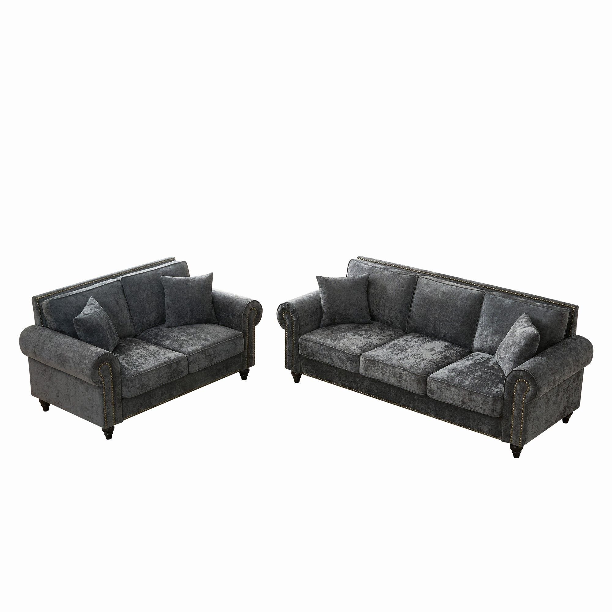 Modern 3 And 2 Seater Sofa With Rolled Arms, Tufted Upholstered Couch