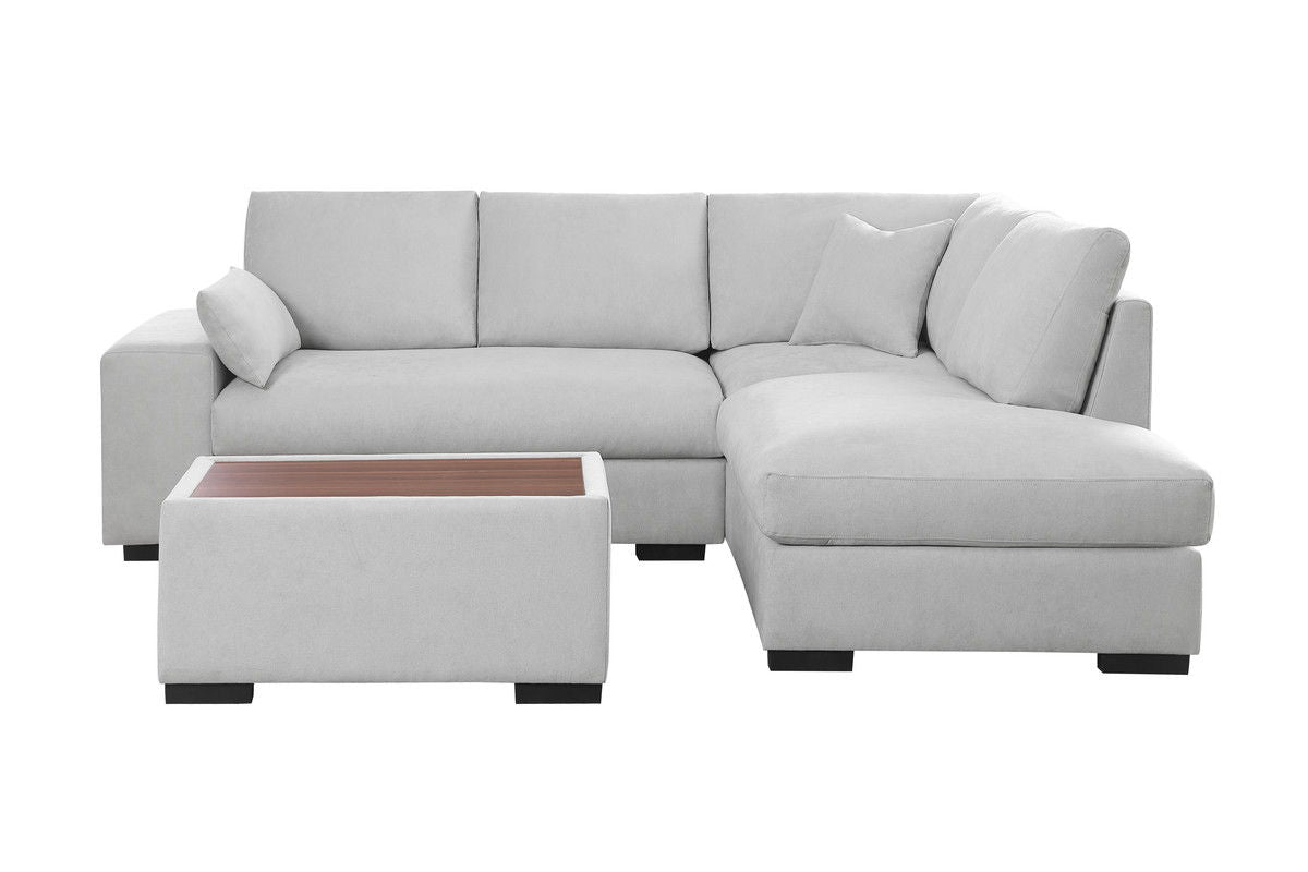 Joshua 100"W Light Gray Woven Fabric Sectional Sofa with Right Facing Chaise and Console Ottoman