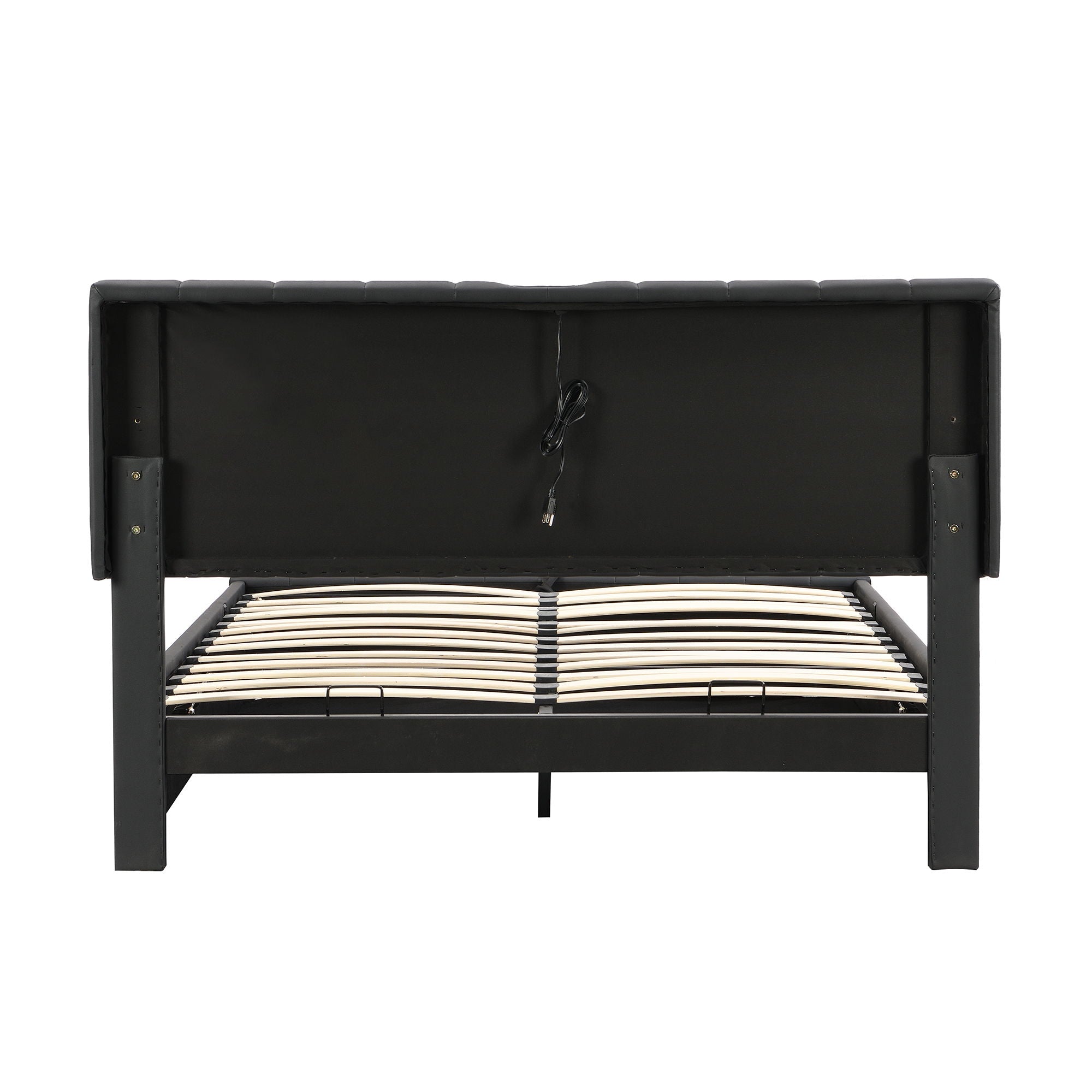 Upholstered Bed With Hydraulic Storage System And LED Light, With Sockets And USB Ports