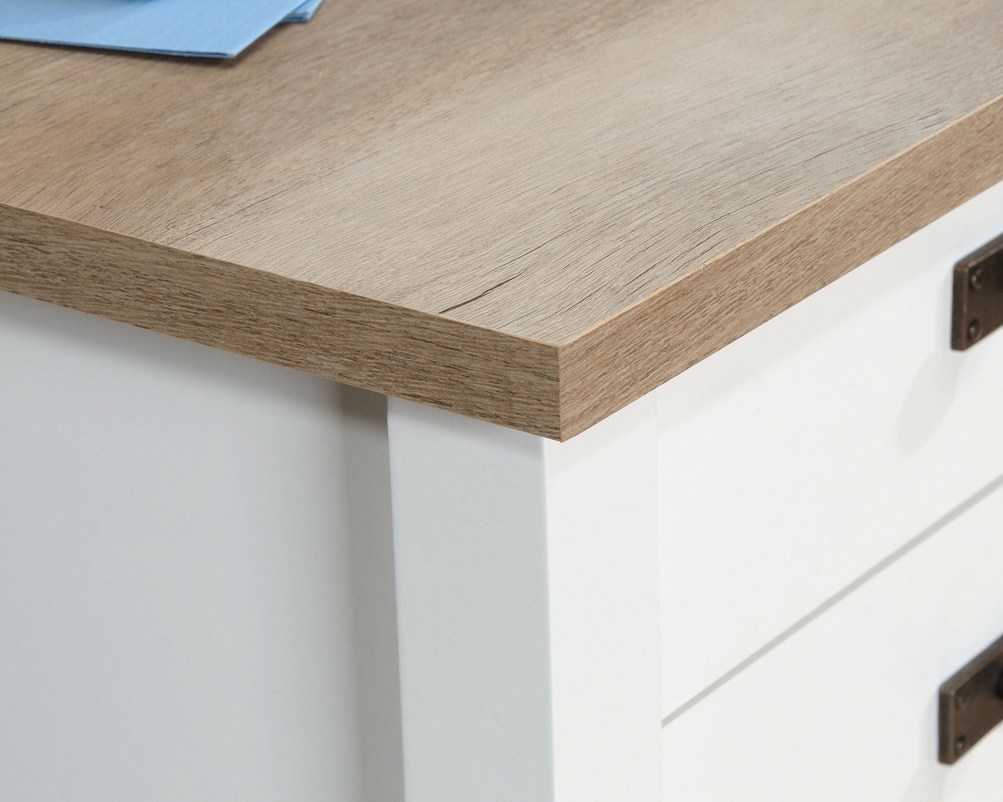 White L-Shaped Desk with Oak Finished Top