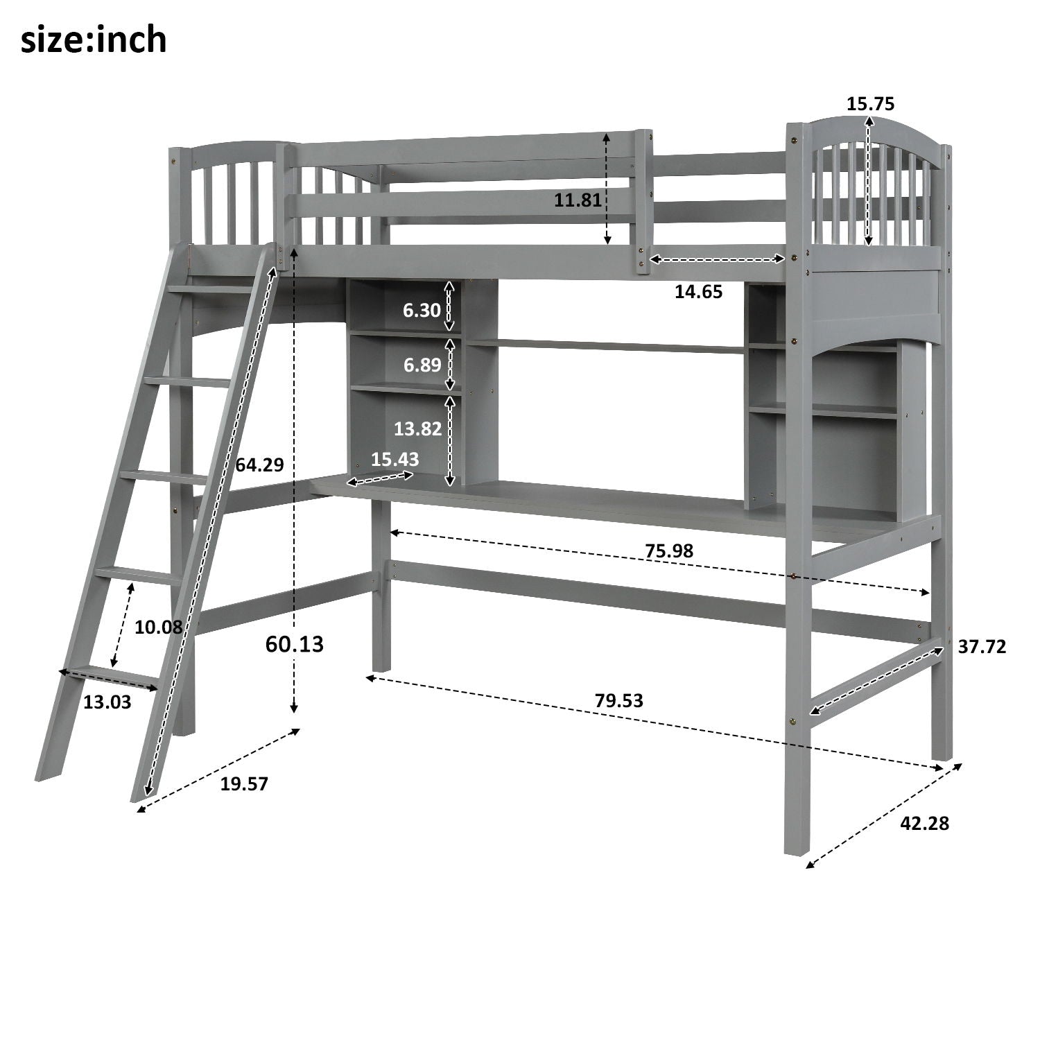 Loft Bed With Storage Shelves, Desk And Ladder
