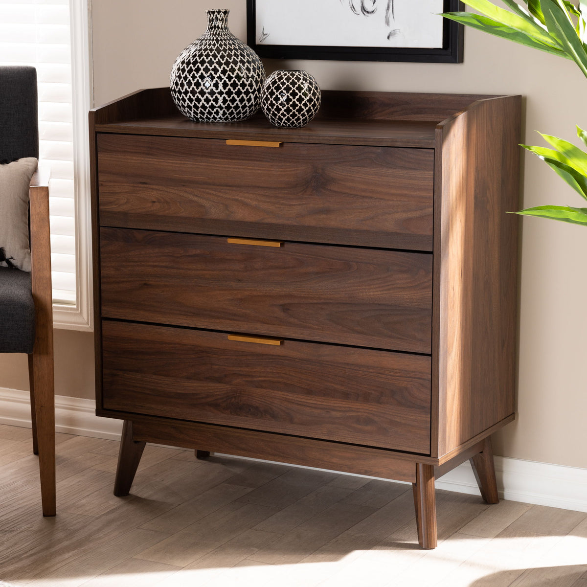 Lena Mid-Century Modern Walnut Brown Finished 3-Drawer Wood Chest
