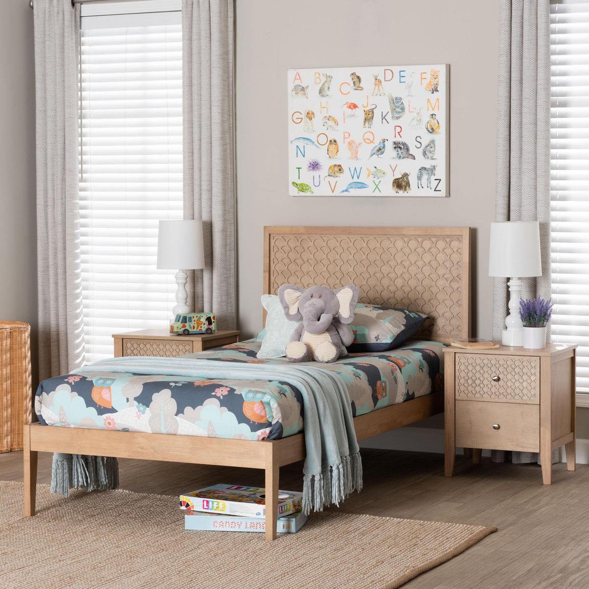 Lara Twin 3-Piece Bedroom Set - Modern Wood Bed Frame with Matching Nightstands, Decorative Laser-Cut Headboard Overlay, Oak Brown