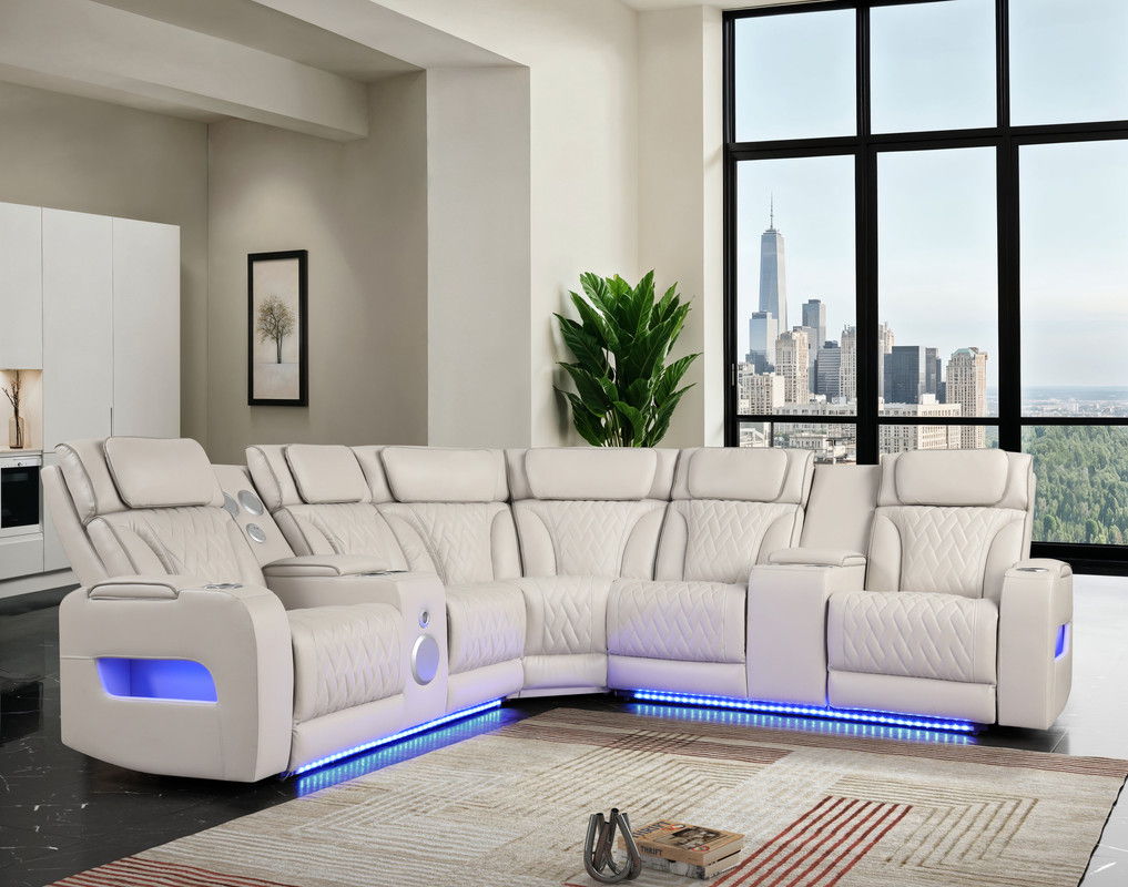 Jazz 117"W Ice Leather Aire Transformer Power Reclining Sectional Sofa with Power Headrest, Bluetooth Speakers, LED Lights, USB & USB-C Ports, Storage & Cupholders