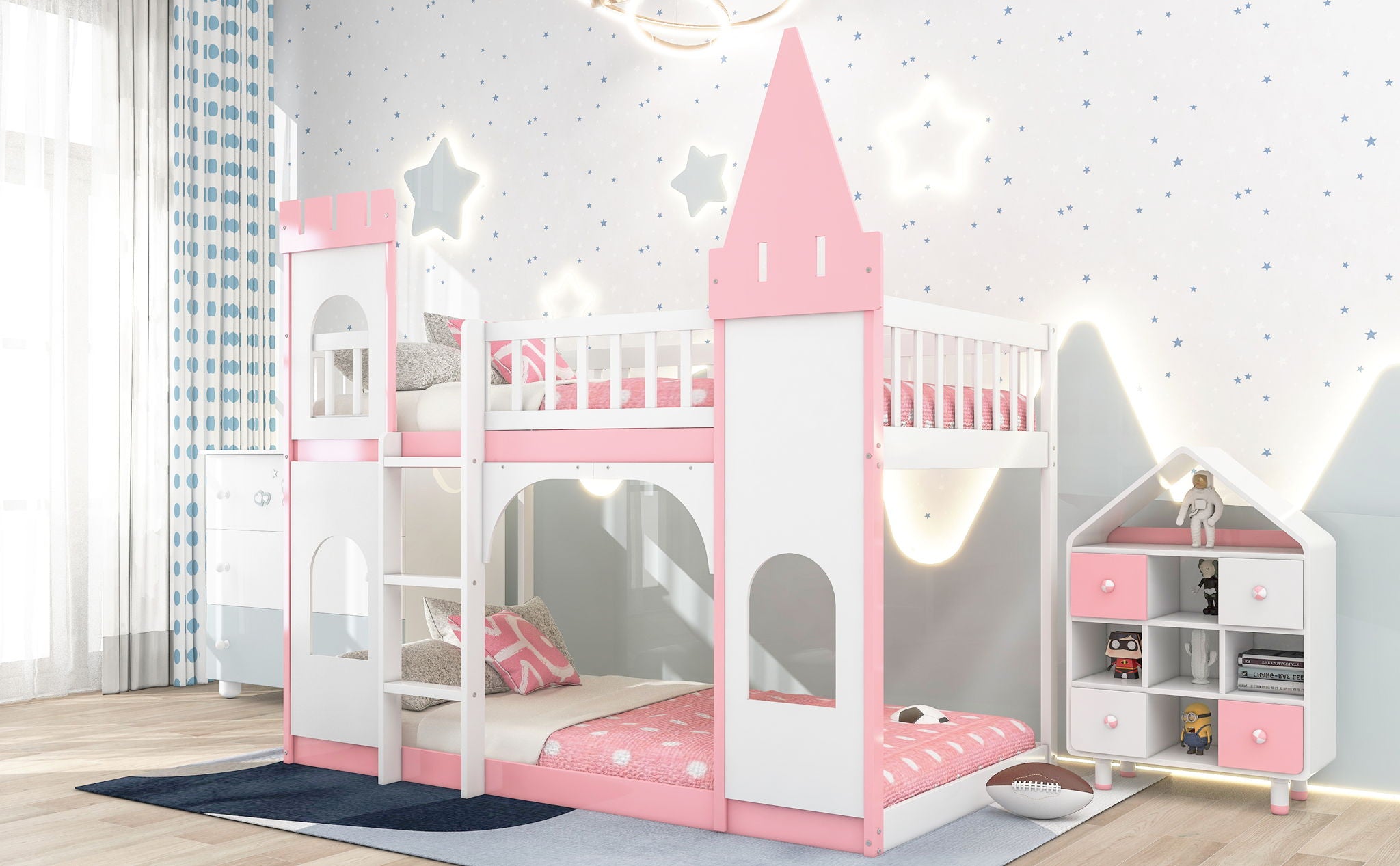 Twin Over Twin Castle Bunk Bed With Ladder - Pink